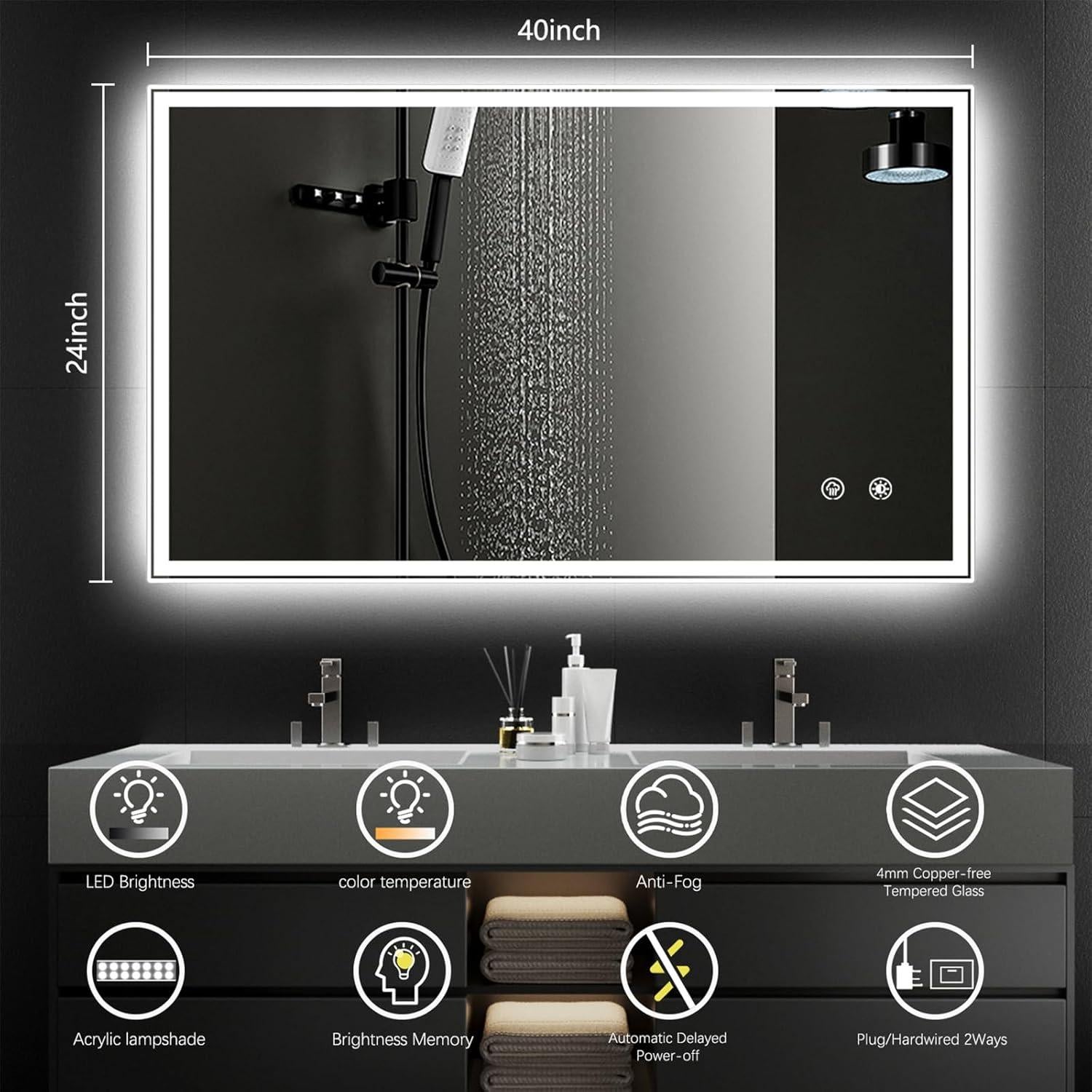 Espejo de Baño LED BVMDPW 101.6x61 cm Rectangular Anti-vaho
