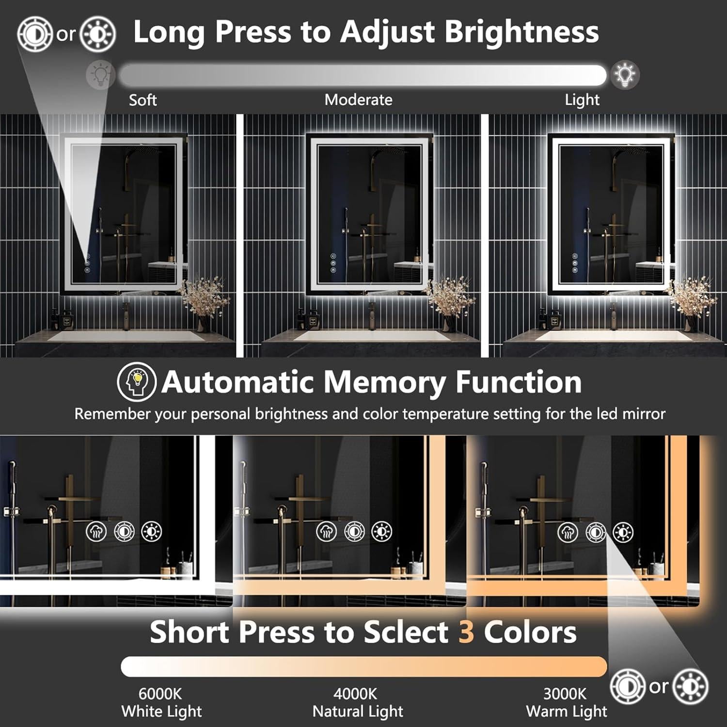 Espejo de Baño LED BVMDPW 101.6x61 cm Rectangular Anti-vaho