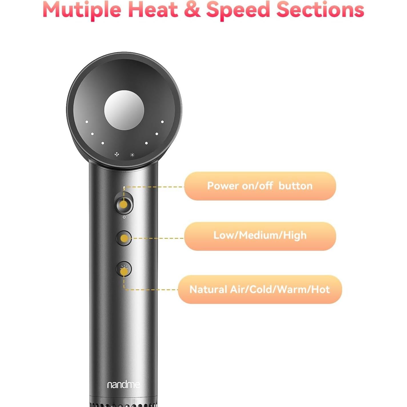 Secador de Pelo Nandme 1600W Iónico Gris - 4 Temperaturas