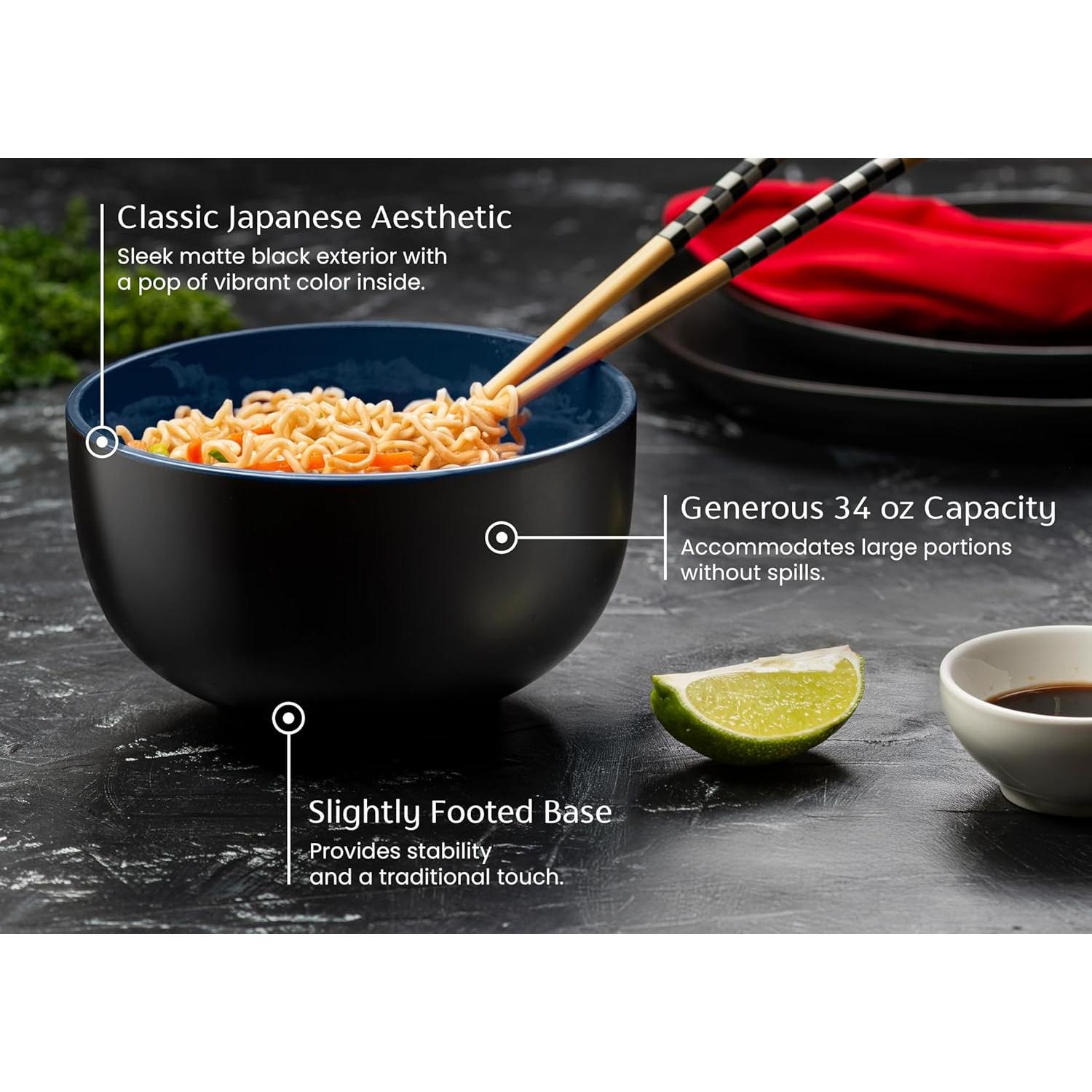 Tazones de Ramen KooK Cerámica 34 oz Set de 4 Negro/Navy