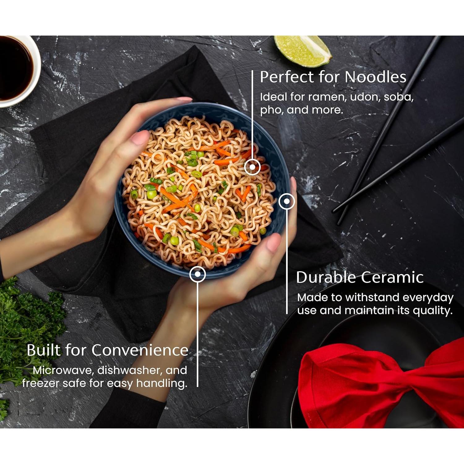 Tazones de Ramen KooK Cerámica 34 oz Set de 4 Negro/Navy