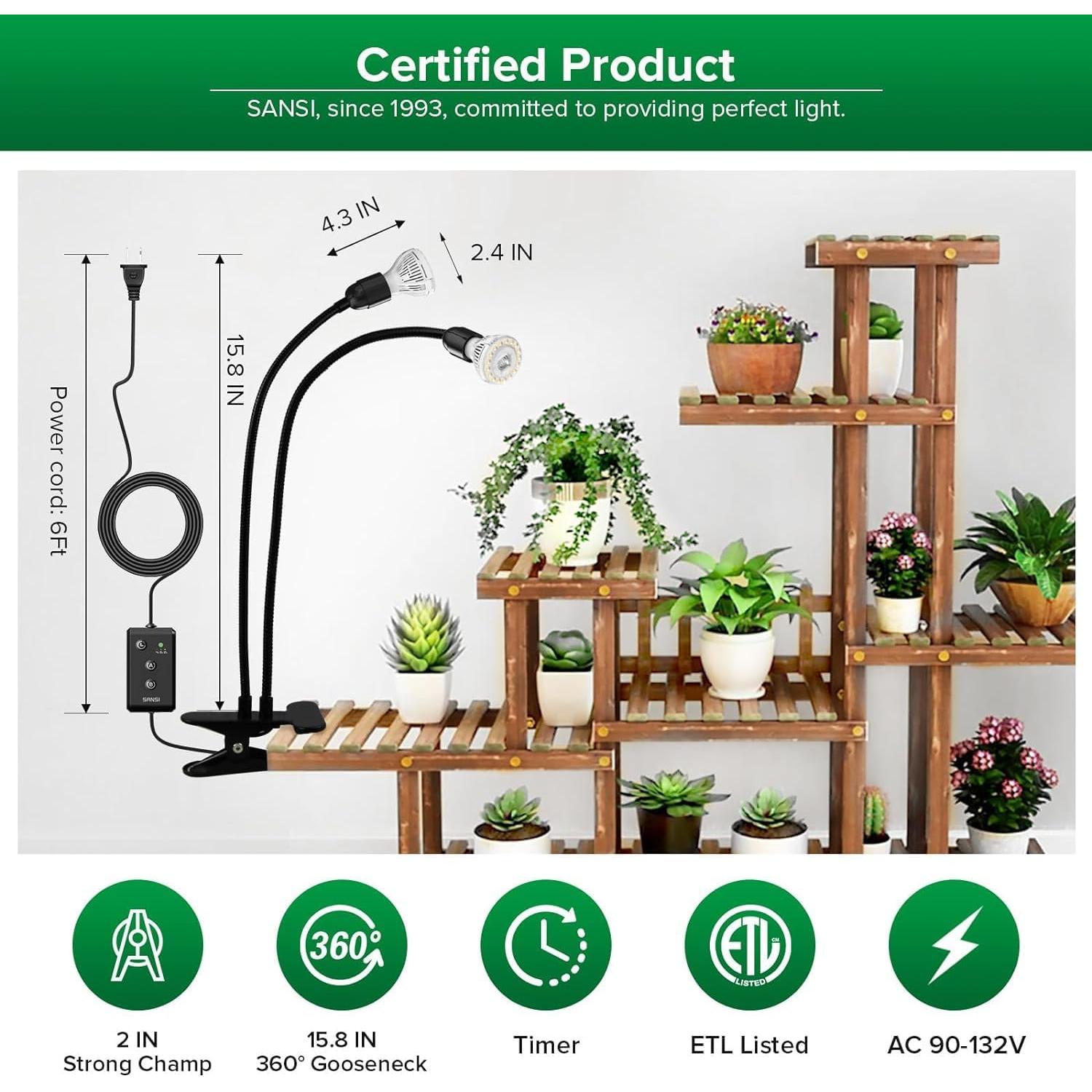 Luz de Crecimiento LED SANSI 20W con Clip y Temporizador