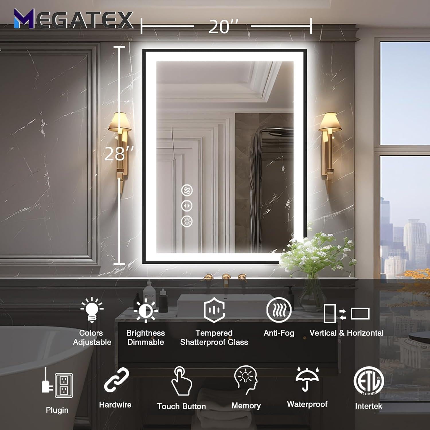 Espejo de Baño LED Megatex 50.8x71.1 cm Negro Retroiluminado