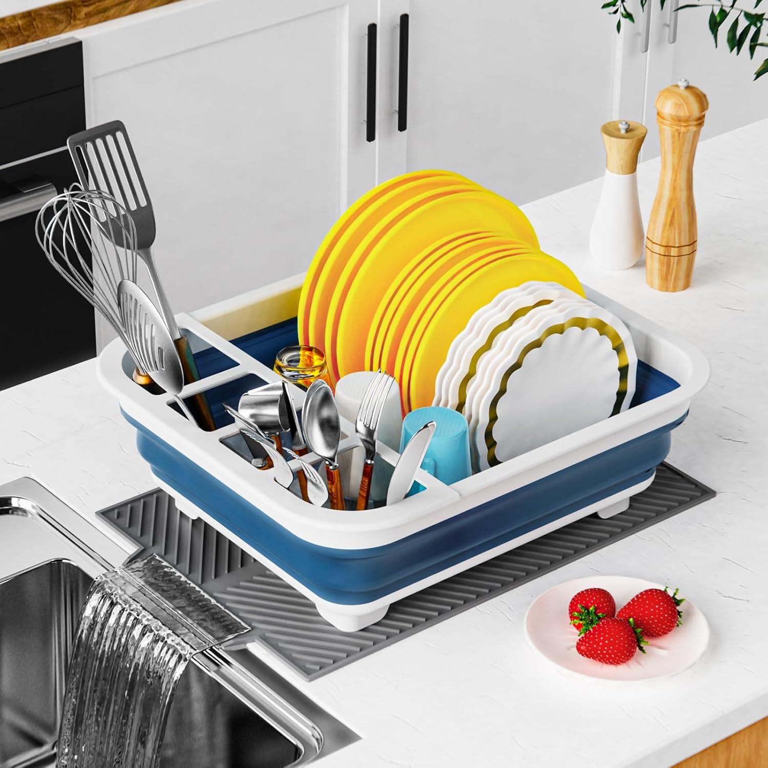Escurridor de Platos Plegable udNmlaiebot Azul con Almohadilla