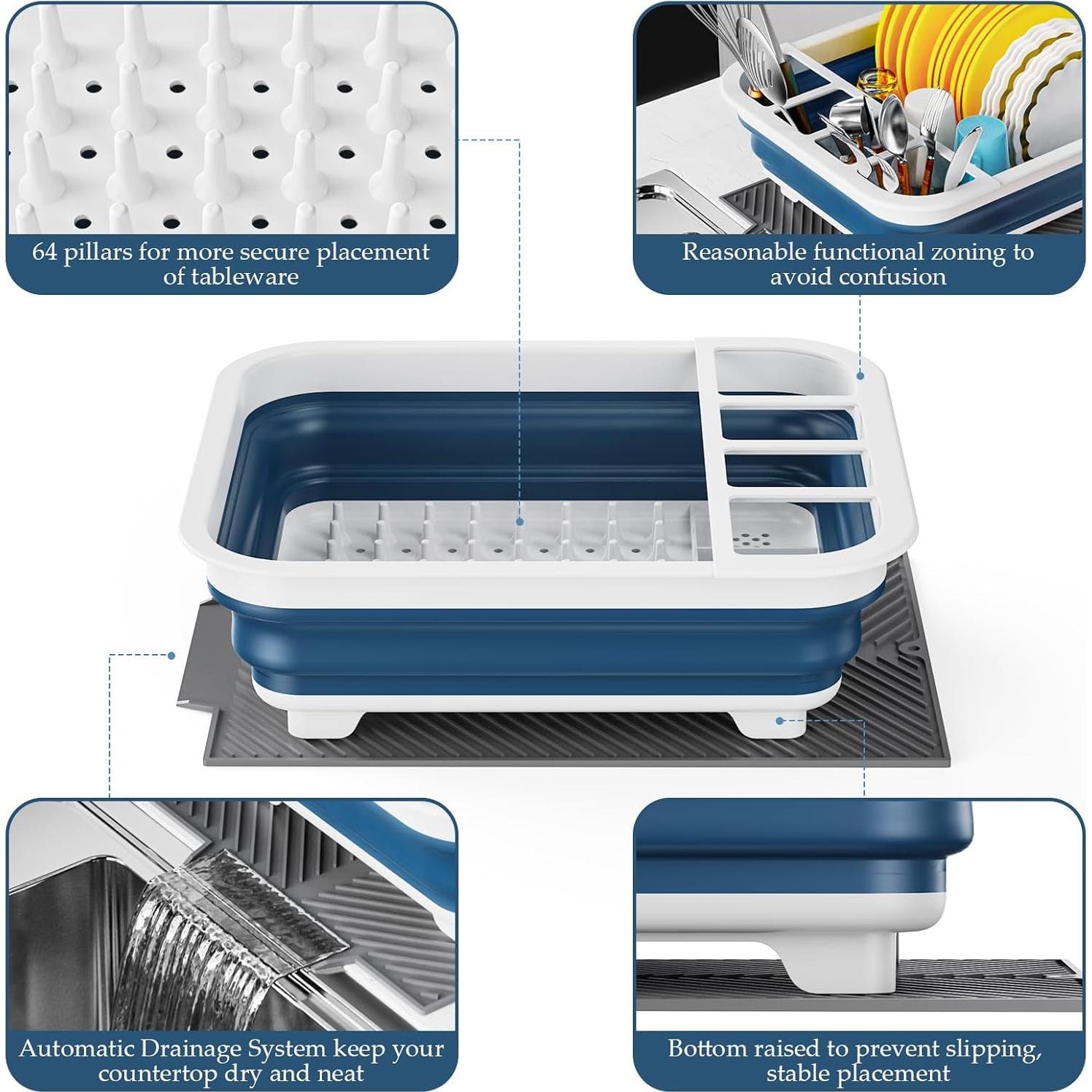 Escurridor de Platos Plegable udNmlaiebot Azul con Almohadilla