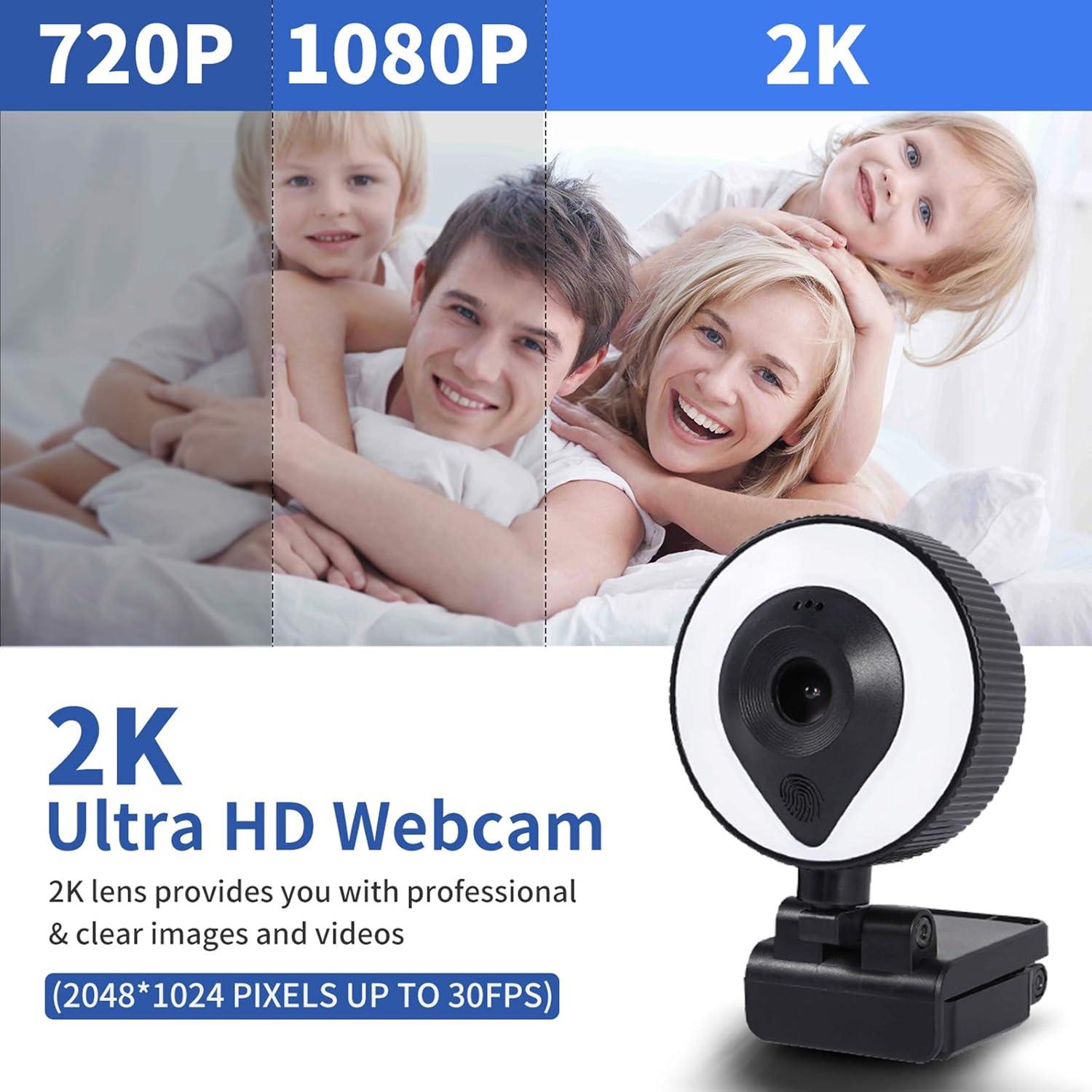 Cámara Web RERBO 2K con Luz Ajustable y Micrófono Estéreo