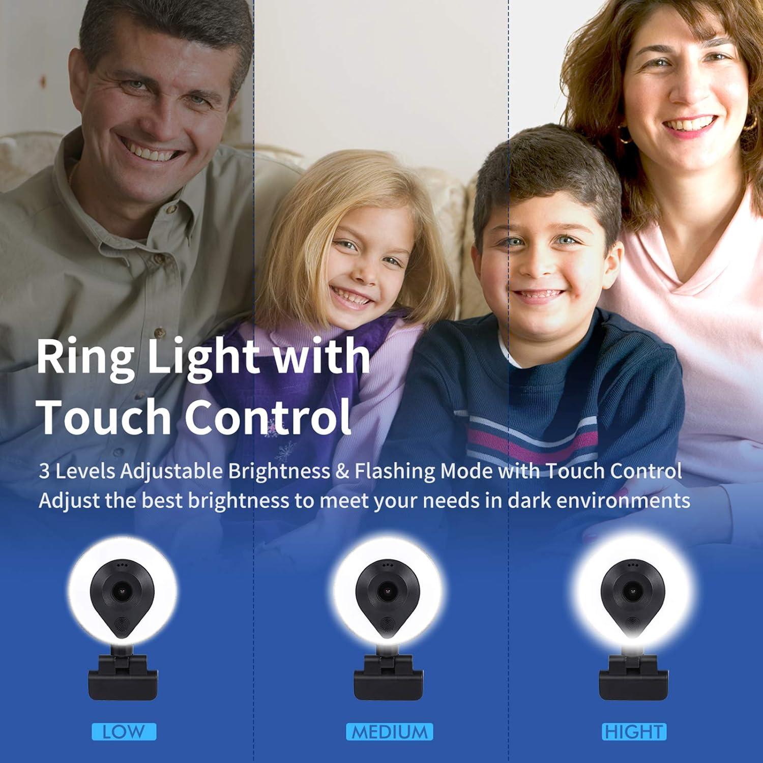 Cámara Web RERBO 2K con Luz Ajustable y Micrófono Estéreo