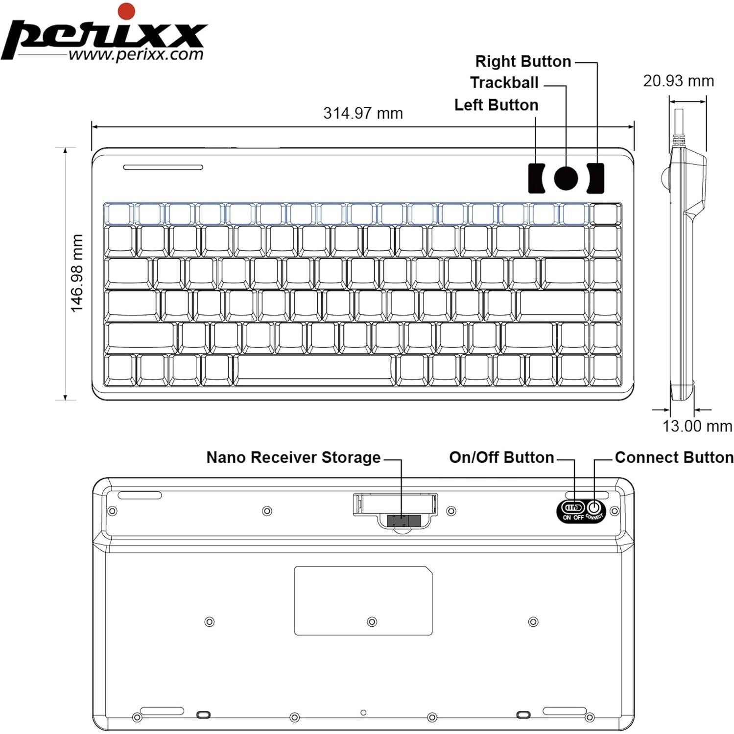 Teclado Mini Inalámbrico Perixx Periboard-706 con Trackball 1.4 cm