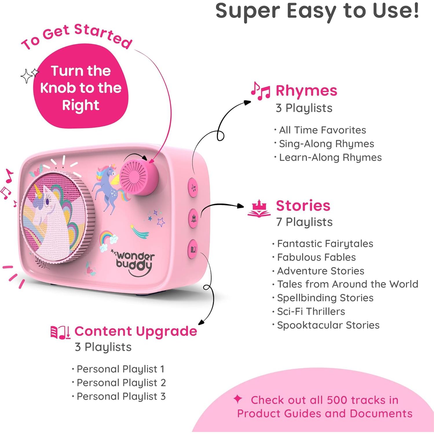 WonderBuddy Reproductor de Audio Infantil Rosa 500+ Cuentos