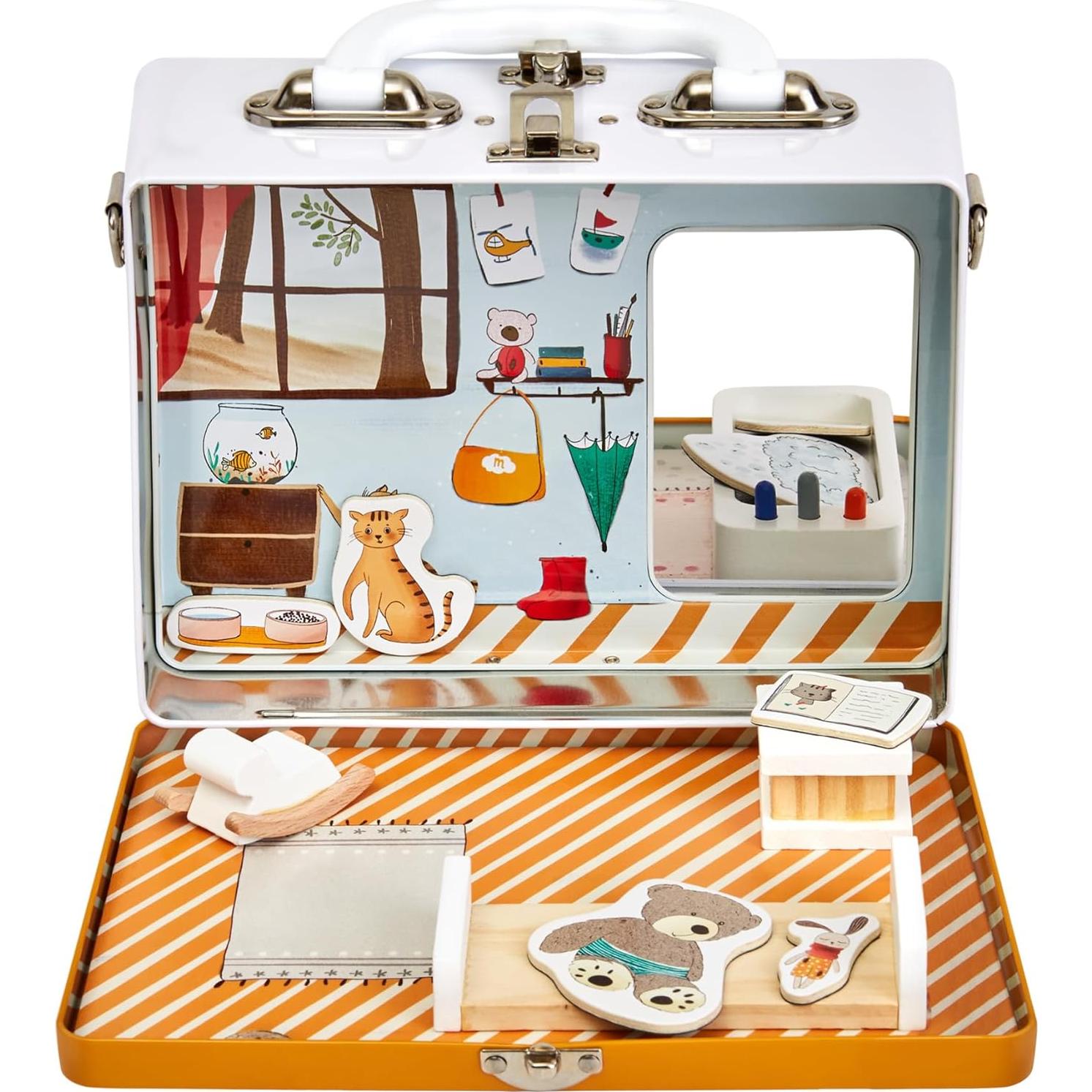 Portable Miniature Dollhouse - Creative Play for Home or Travel Toy - As Seen on Shark Tank - Doll Floors Wooden Furniture Accessories - Screen Free Activities for Kids - Cozy CASE