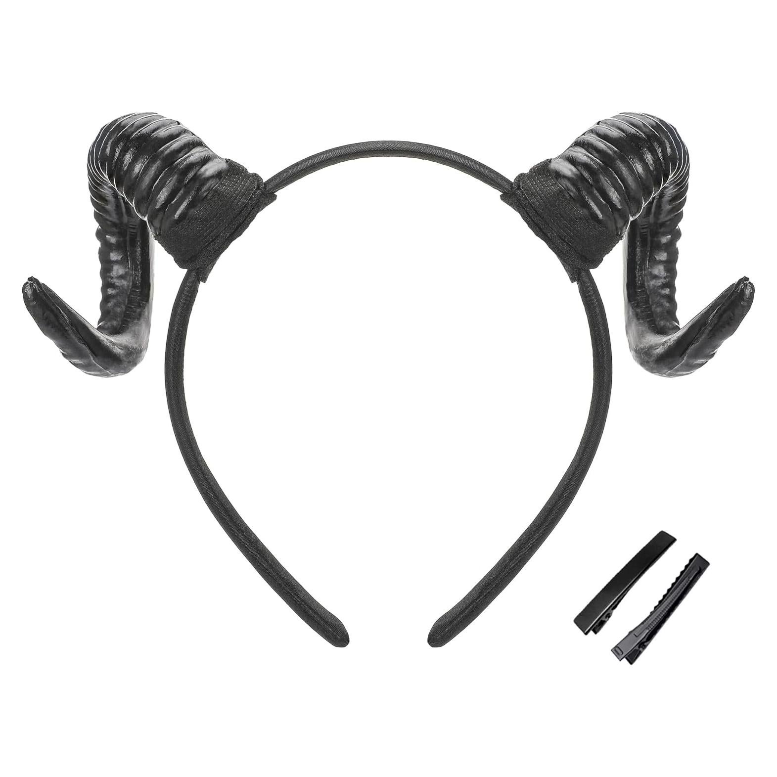 MOSTORY Black Demon Horns Headband - Devil Sheep Horns Headband Goat Horn Hairband for Halloween Renaissance Renfaire Costume Adult Cosplay Photo Shoot