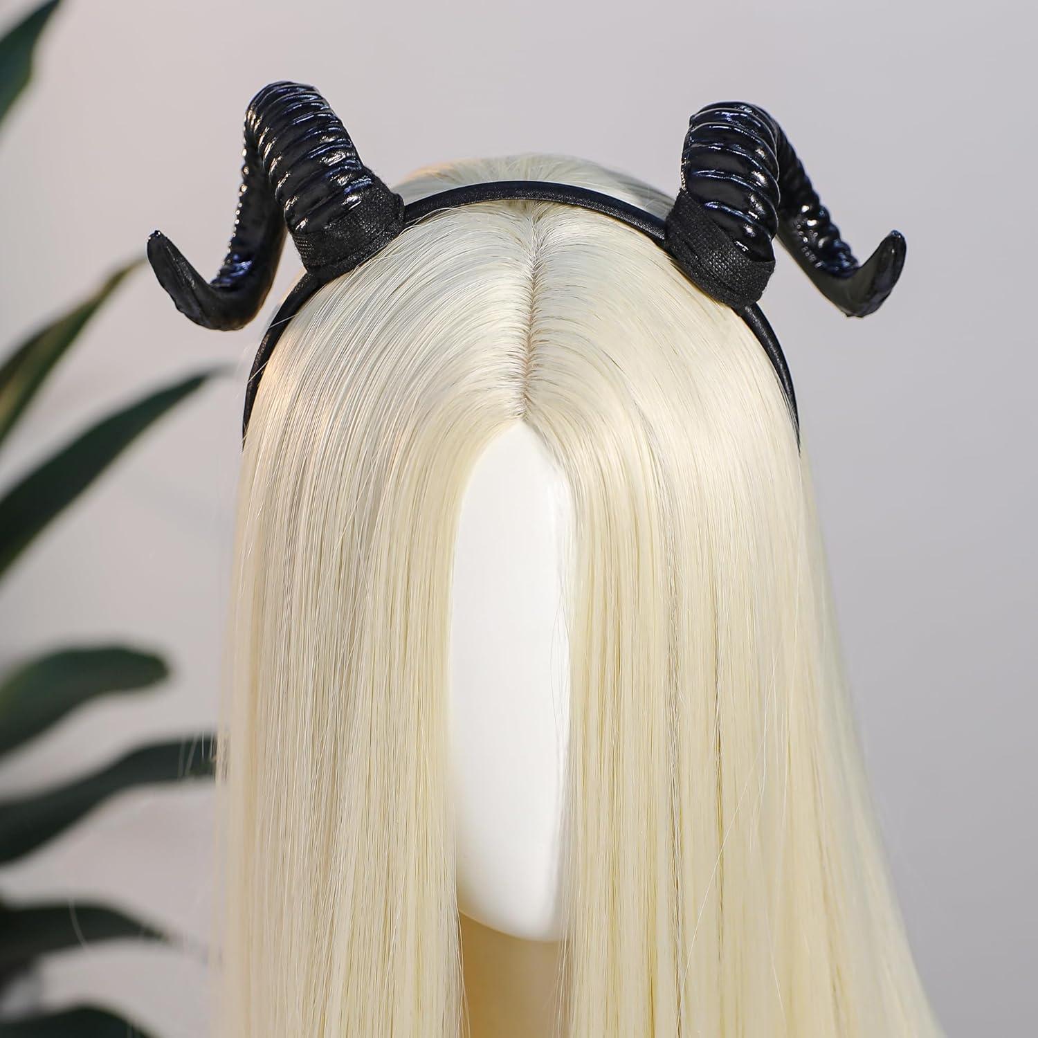 MOSTORY Black Demon Horns Headband - Devil Sheep Horns Headband Goat Horn Hairband for Halloween Renaissance Renfaire Costume Adult Cosplay Photo Shoot