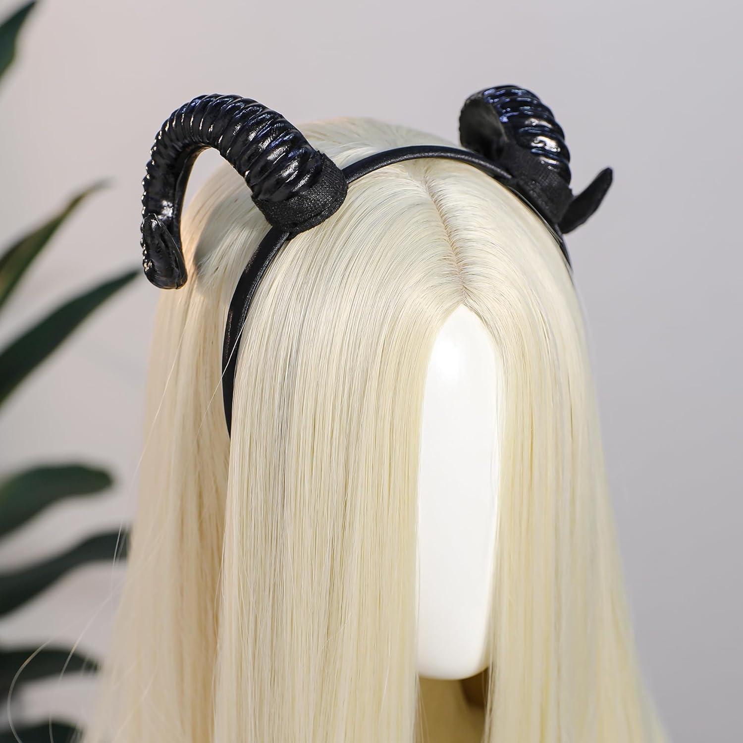 MOSTORY Black Demon Horns Headband - Devil Sheep Horns Headband Goat Horn Hairband for Halloween Renaissance Renfaire Costume Adult Cosplay Photo Shoot