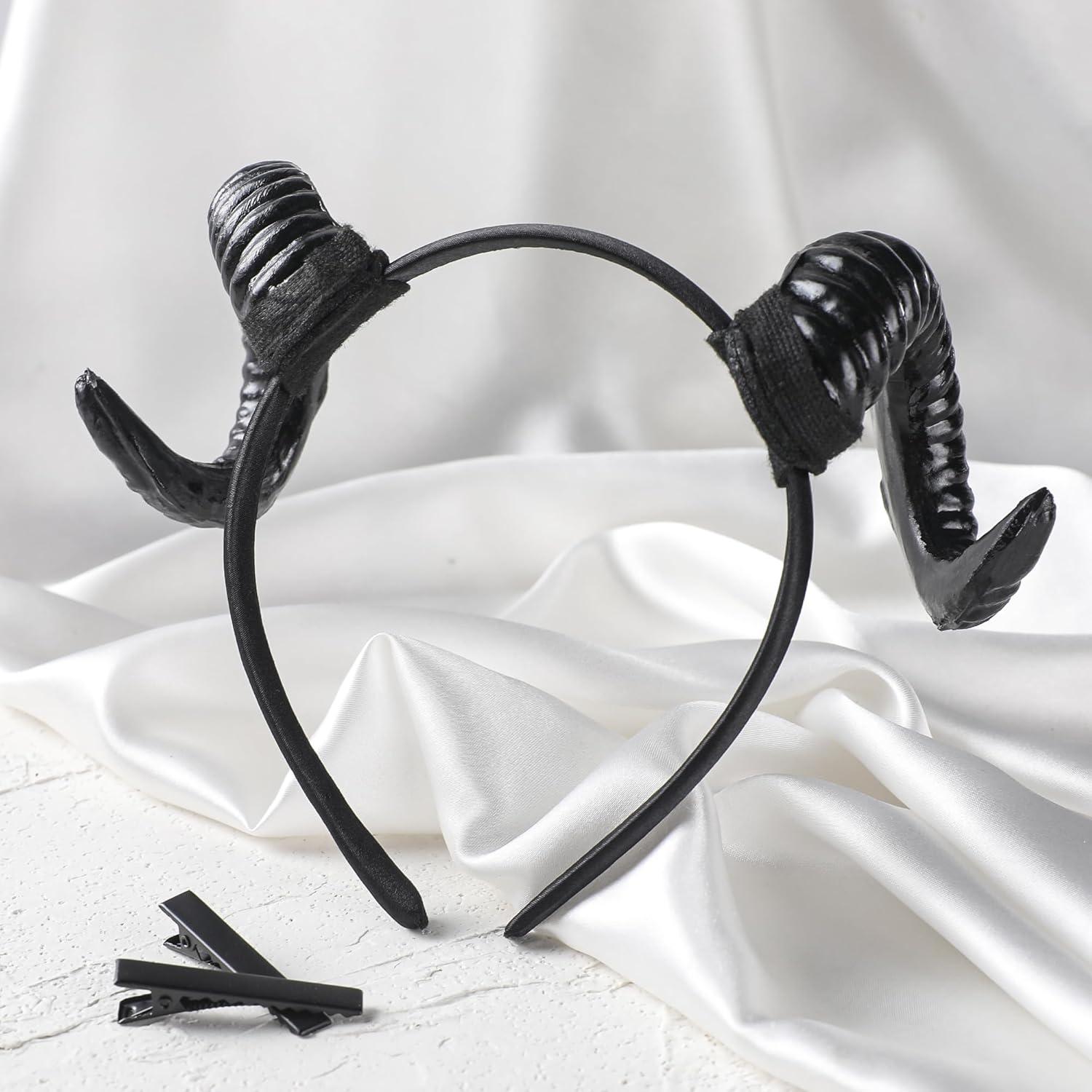 MOSTORY Black Demon Horns Headband - Devil Sheep Horns Headband Goat Horn Hairband for Halloween Renaissance Renfaire Costume Adult Cosplay Photo Shoot