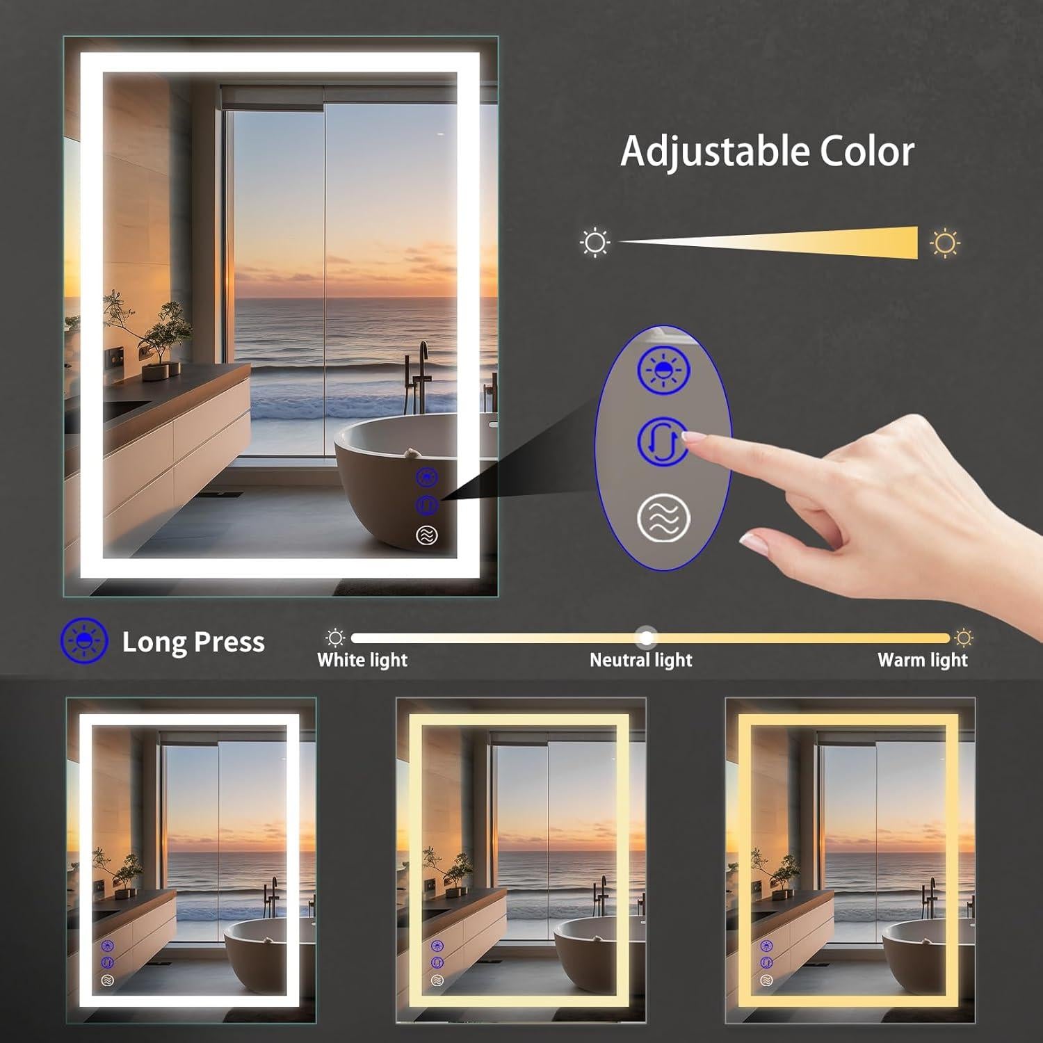 Espejo de Baño LED Gobrete 81x61 cm Antivaho Regulable