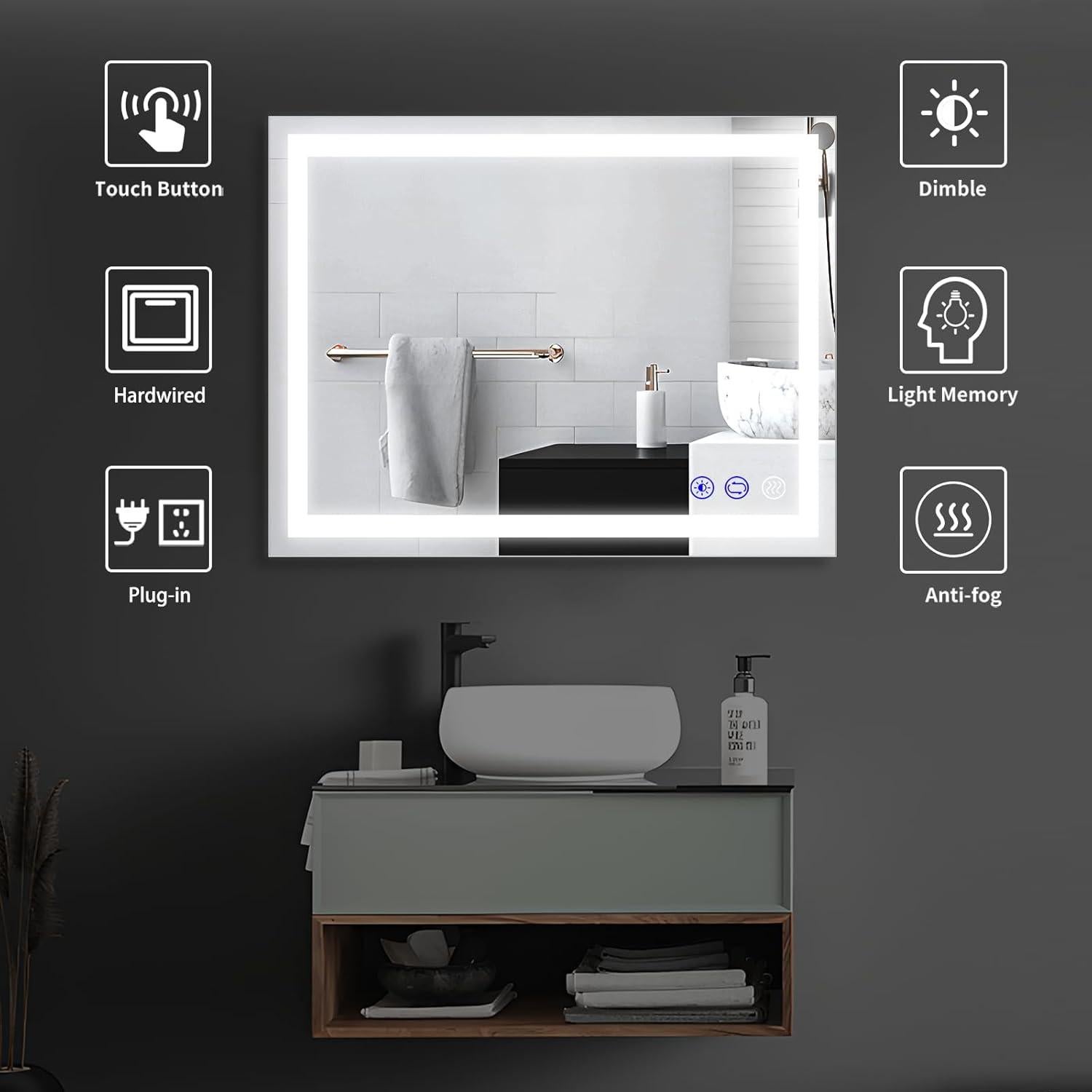 Espejo de Baño LED Gobrete 81x61 cm Antivaho Regulable