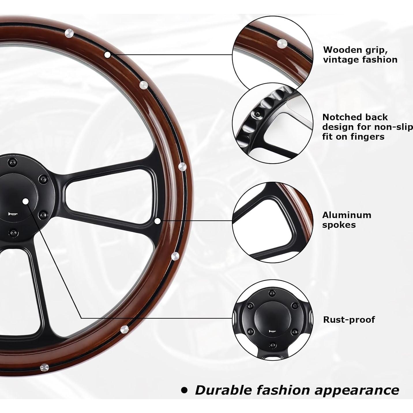 Volante de Madera QYMOPAY 35.56 cm 3 Rayos con Claxon