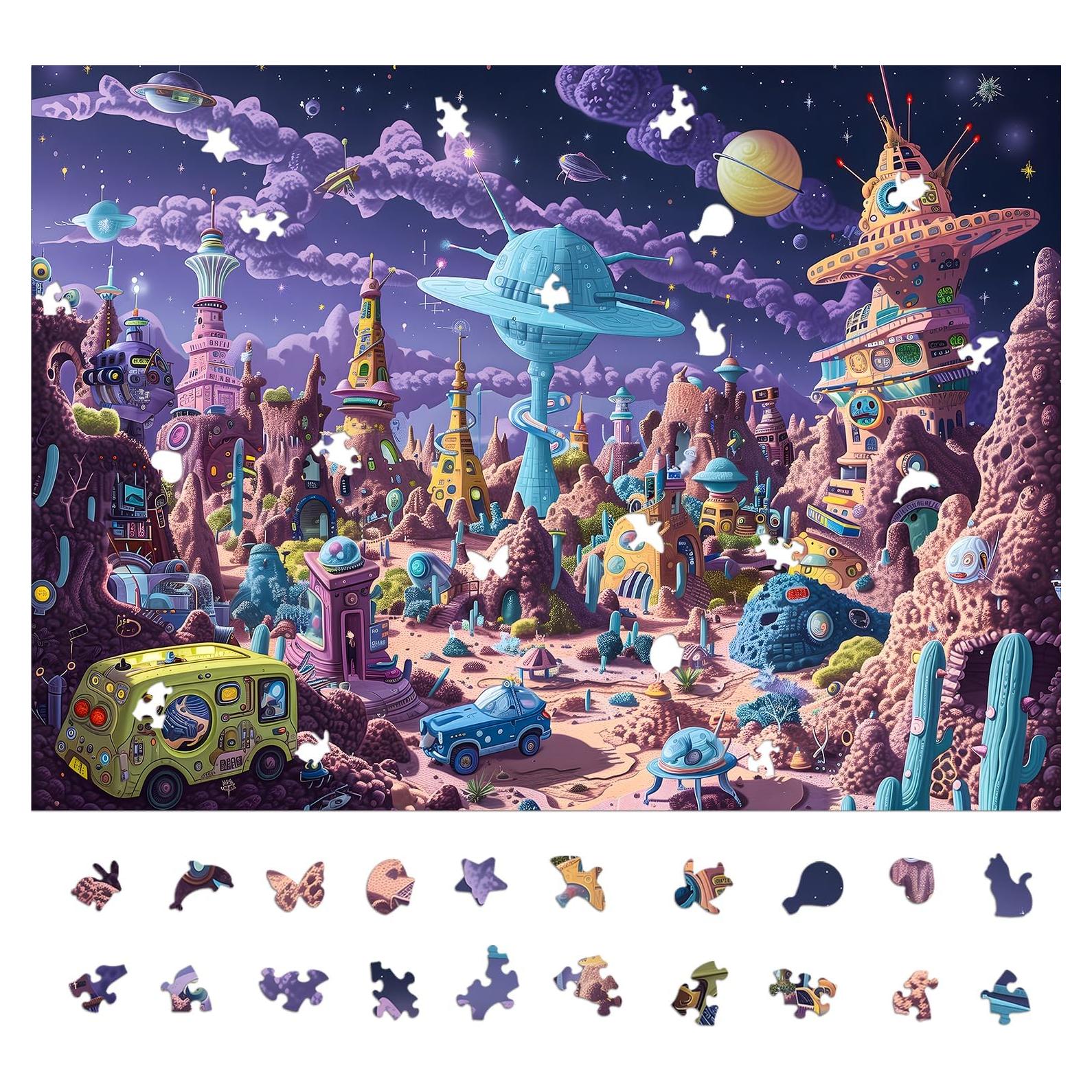 Alien Planet Jigsaw Puzzles for Adults 1000 Pieces, Brain Challenging Shaped Puzzle for Game Night Family Friends, Size 26.6 x 19.2, Monsters Purple World