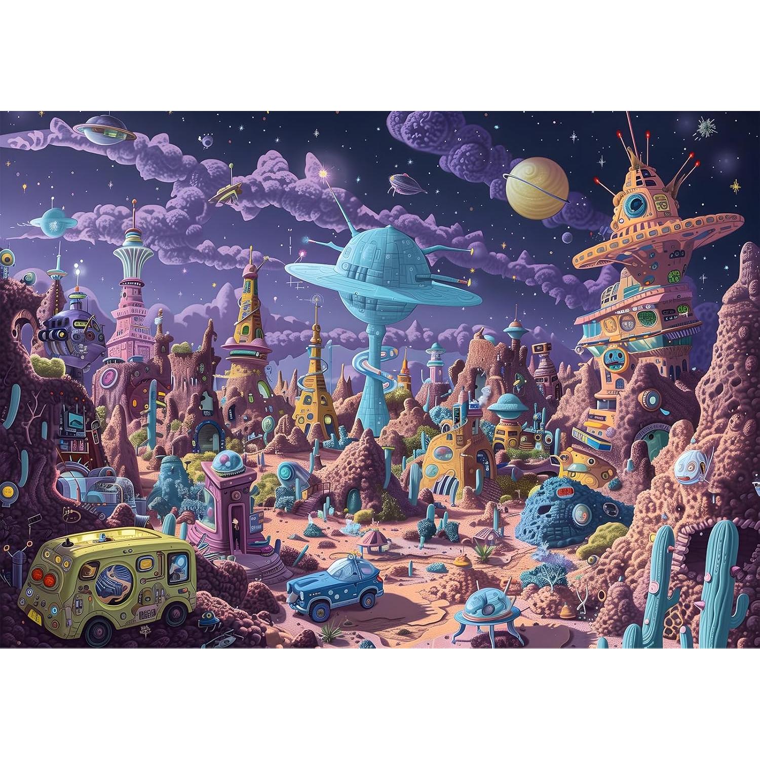 Alien Planet Jigsaw Puzzles for Adults 1000 Pieces, Brain Challenging Shaped Puzzle for Game Night Family Friends, Size 26.6 x 19.2, Monsters Purple World