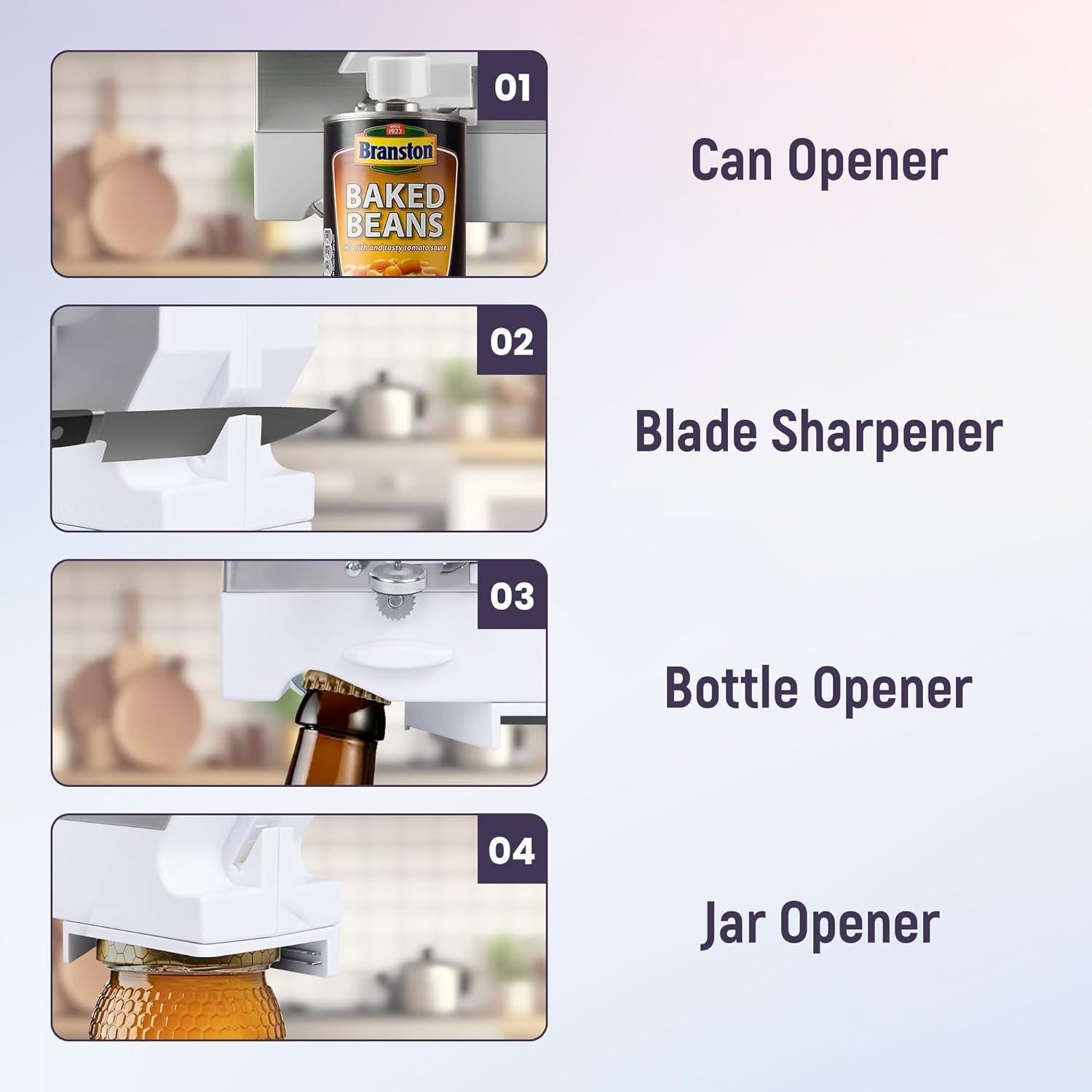 Abrelatas Eléctrico 4 en 1 Elitra Home Blanco - Afilador y Abrebotellas