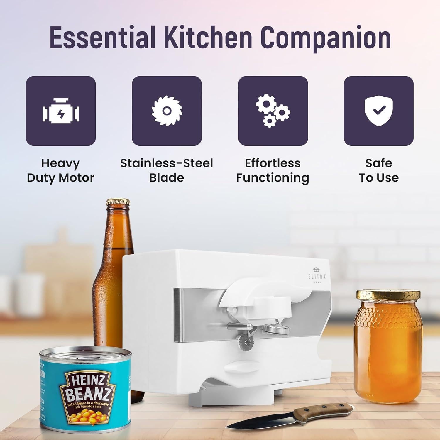 Abrelatas Eléctrico 4 en 1 Elitra Home Blanco - Afilador y Abrebotellas