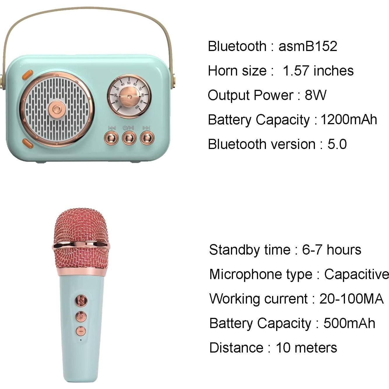 Altavoz Bluetooth Retro Aresrora con Micrófono Karaoke Rosa