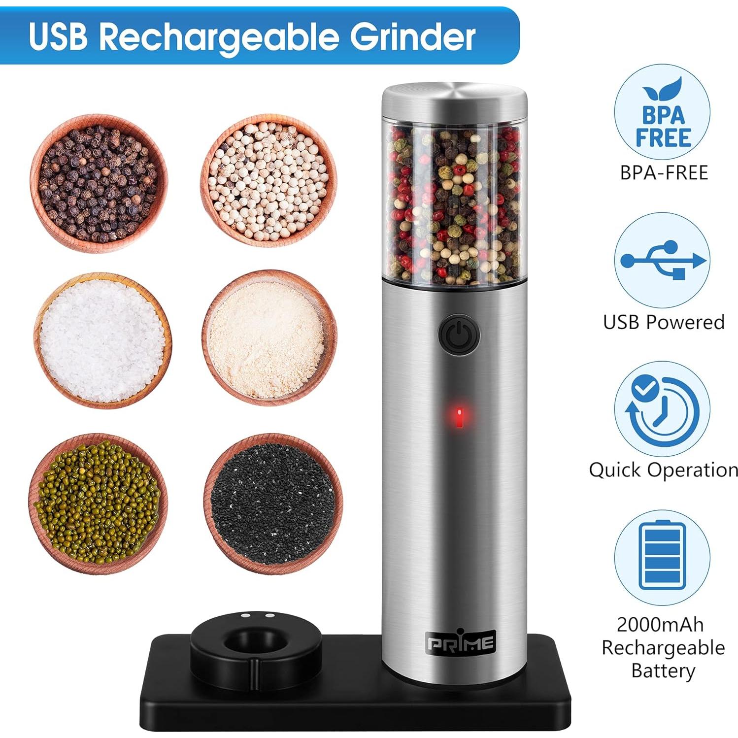 Molinillos de Sal y Pimienta Eléctricos Prime, 2 Piezas, Acero Inoxidable, Recargables