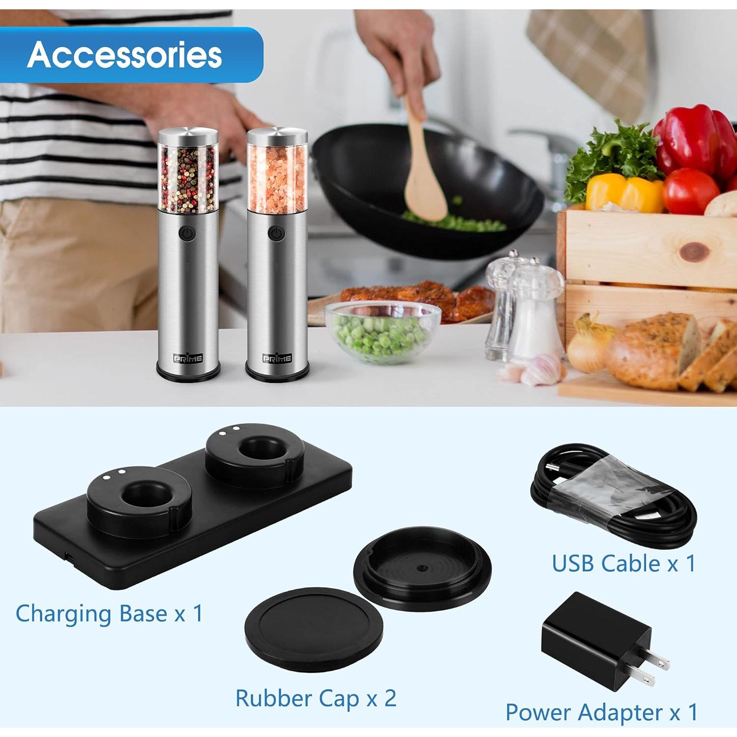 Molinillos de Sal y Pimienta Eléctricos Prime, 2 Piezas, Acero Inoxidable, Recargables