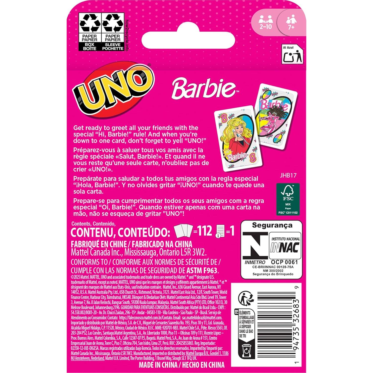 Juego de Cartas UNO Barbie Mattel con Regla Especial