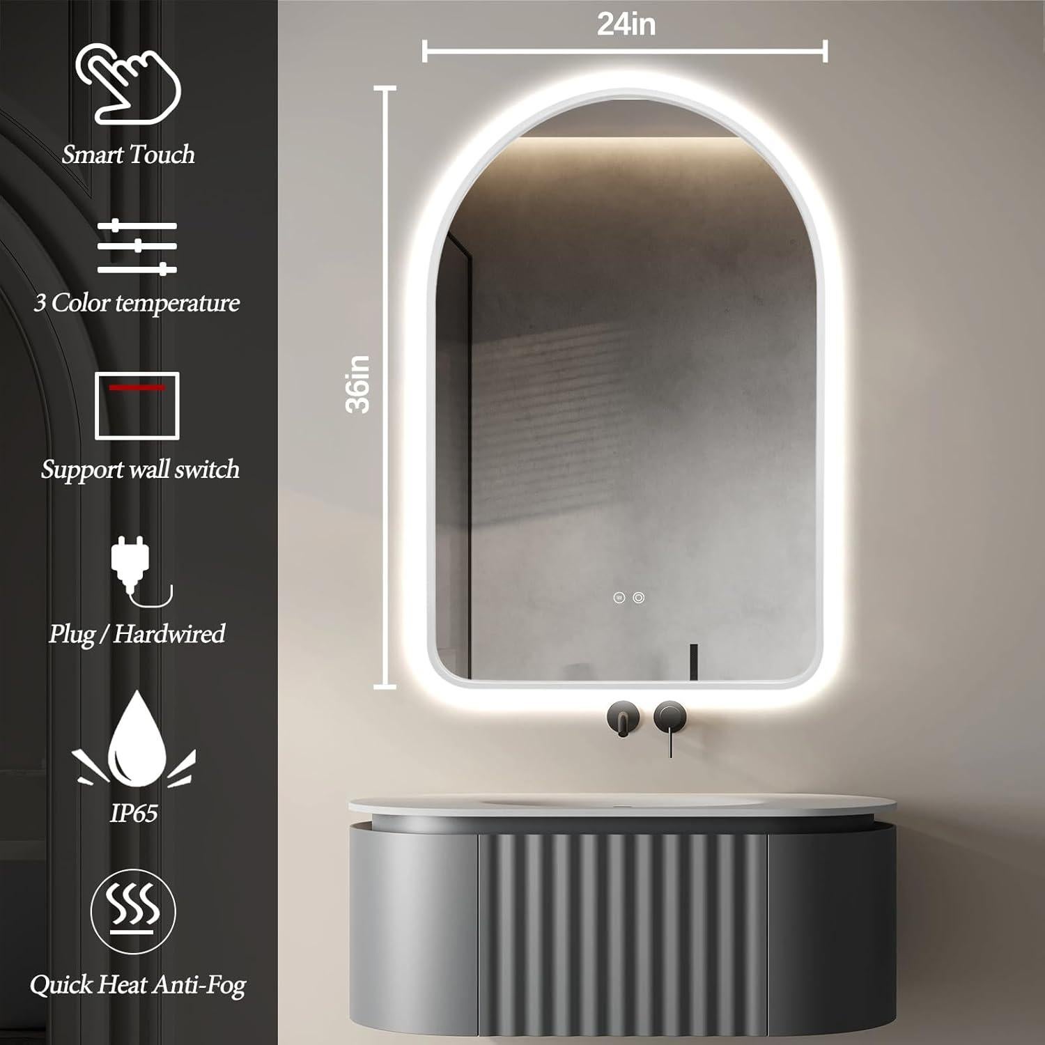 Espejo de Baño LED Arqueado TheiaMo 91.44x60.96cm Plateado