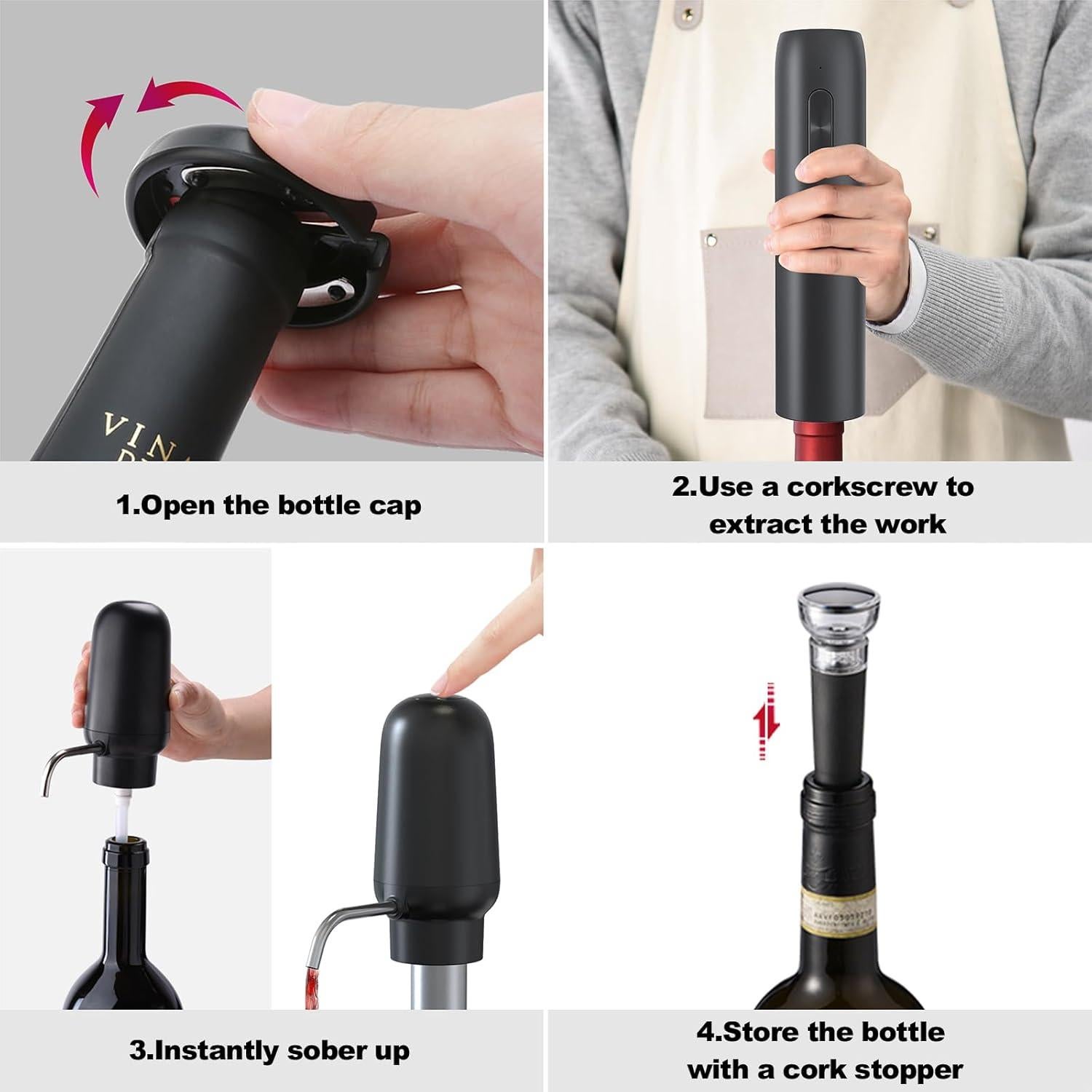 Set de Abridores Eléctricos de Vino KIEKRO 4 en 1 Negro