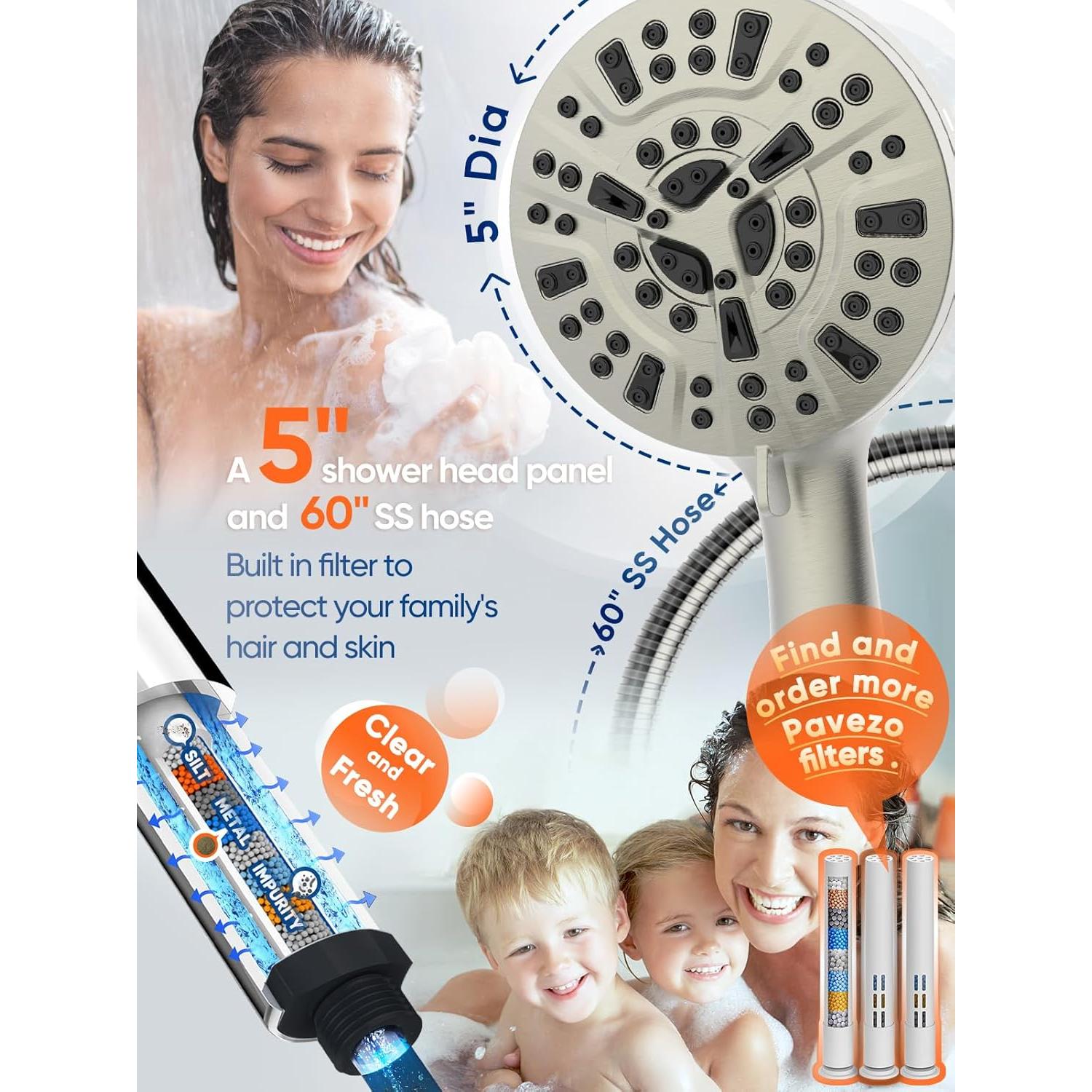 Cabezal de Ducha Pavezo 5" Alta Presión con Filtro y Manguera 152 cm