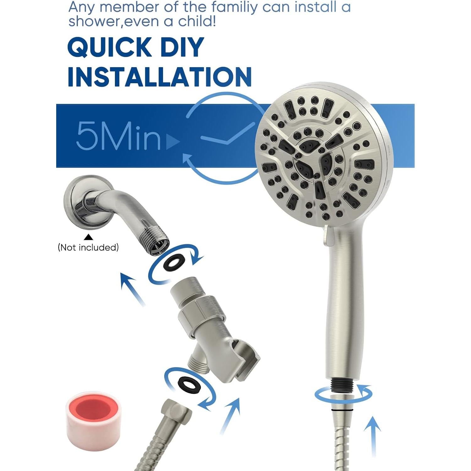 Cabezal de Ducha Pavezo 5" Alta Presión con Filtro y Manguera 152 cm