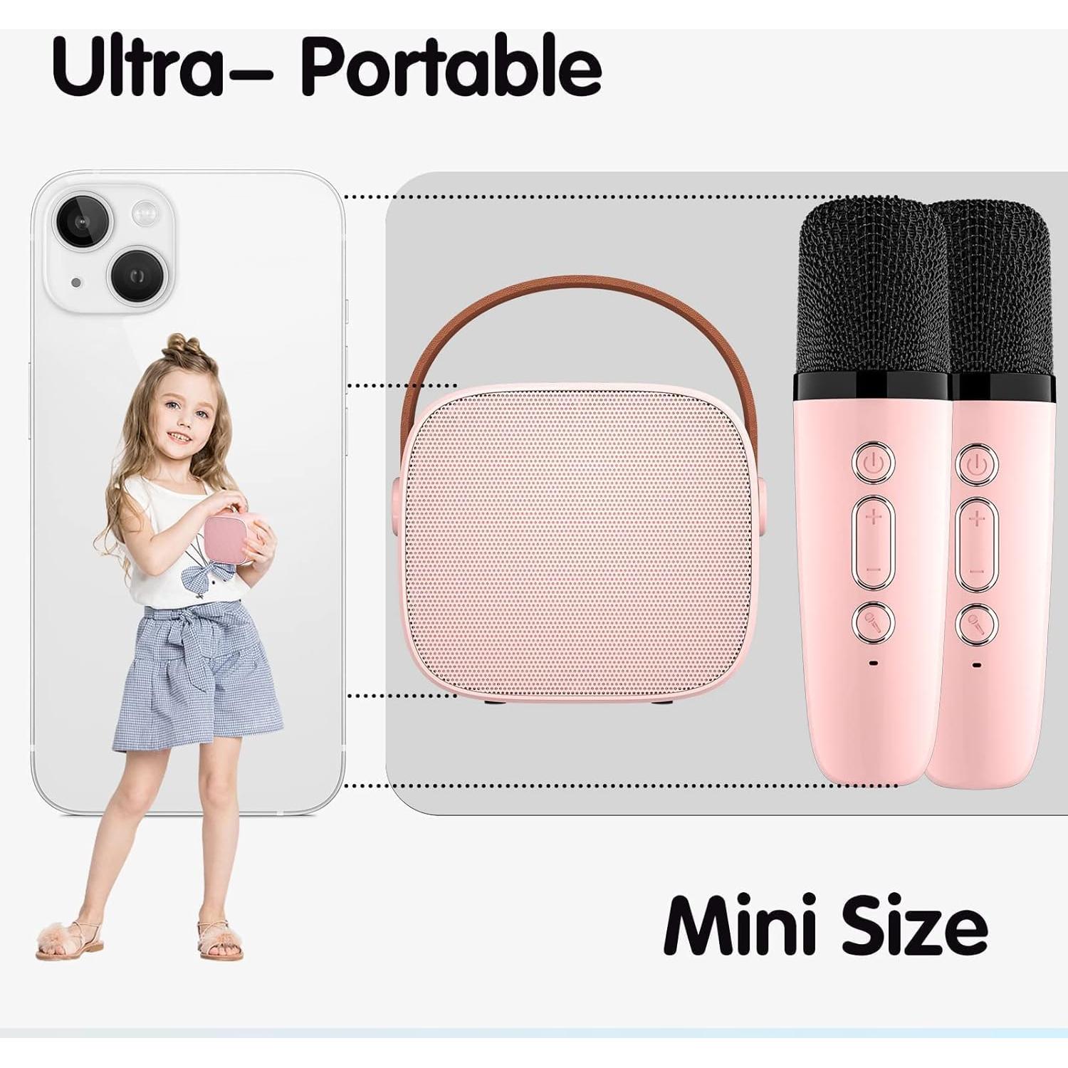 YLL Mini Máquina de Karaoke Rosa con 2 Micrófonos Inalámbricos