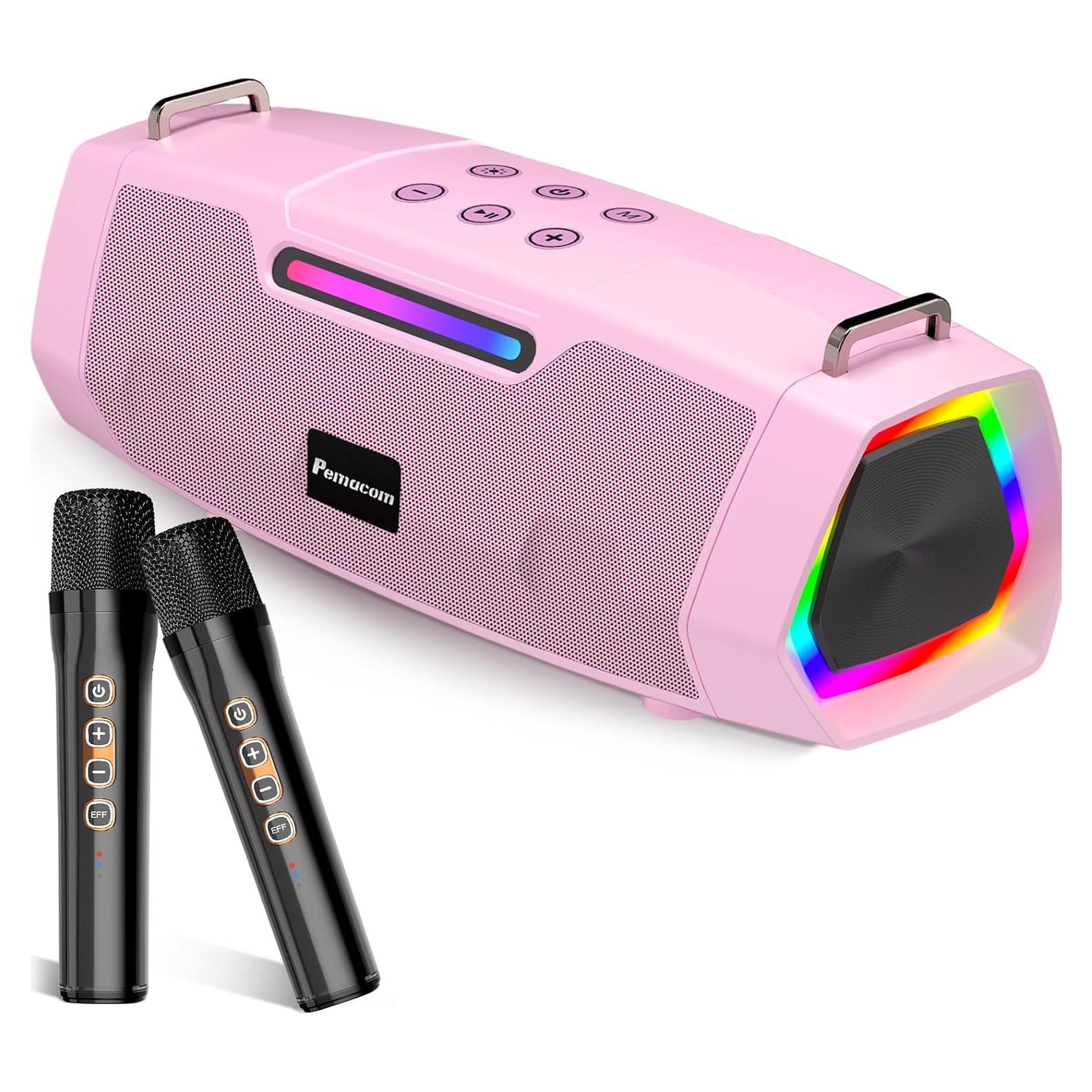Karaoke Portátil Rosa con 2 Micrófonos Inalámbricos 60W
