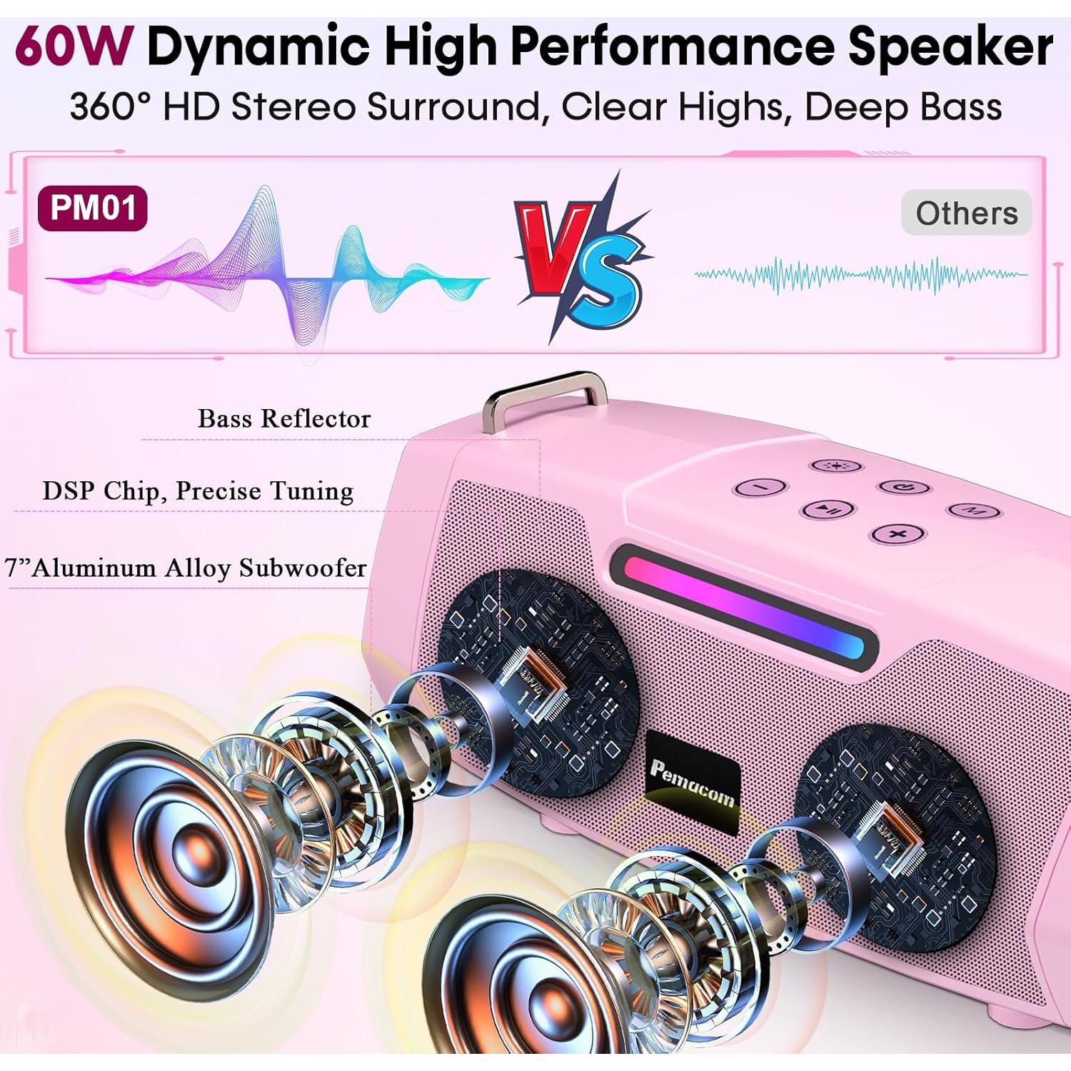 Karaoke Portátil Rosa con 2 Micrófonos Inalámbricos 60W