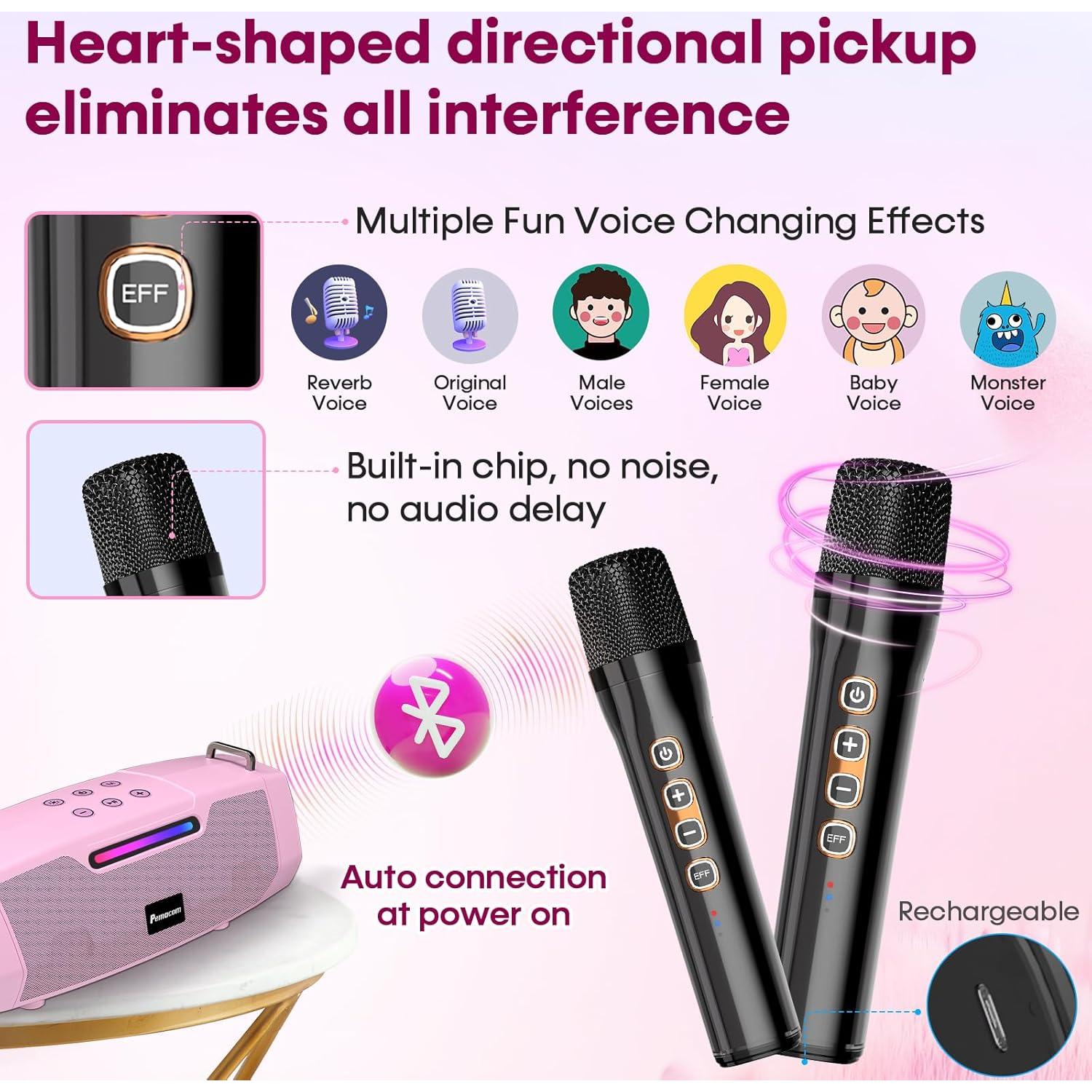 Karaoke Portátil Rosa con 2 Micrófonos Inalámbricos 60W