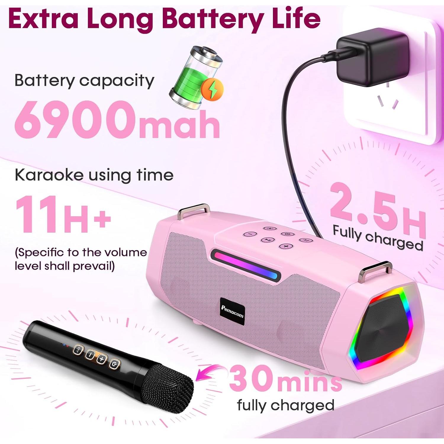Karaoke Portátil Rosa con 2 Micrófonos Inalámbricos 60W