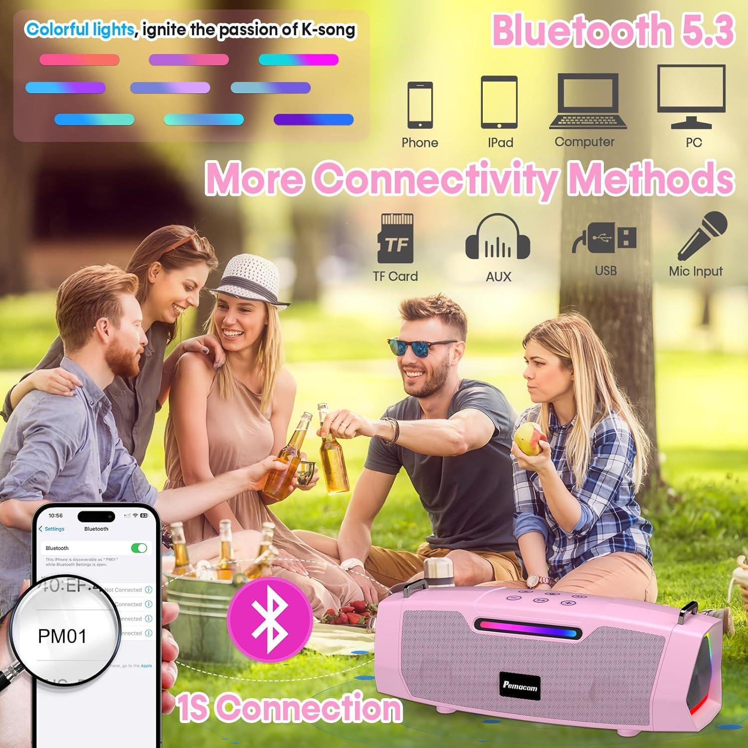 Karaoke Portátil Rosa con 2 Micrófonos Inalámbricos 60W