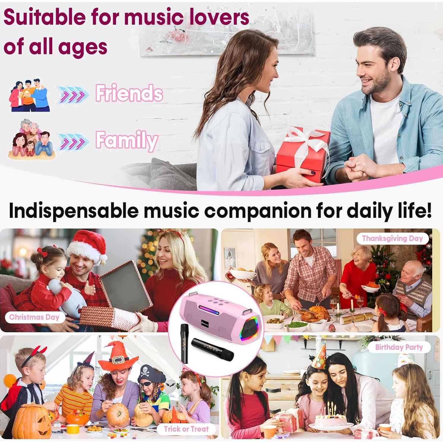 Karaoke Portátil Rosa con 2 Micrófonos Inalámbricos 60W