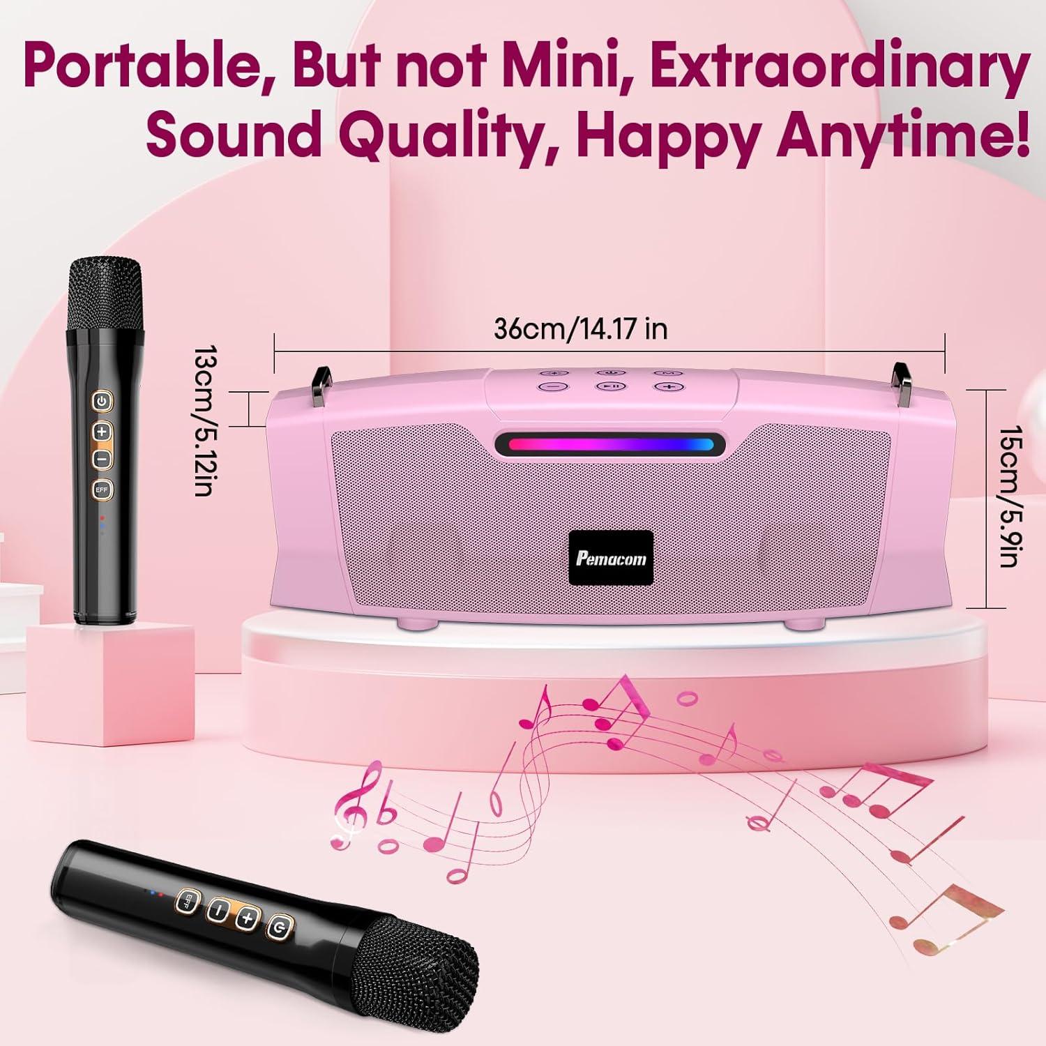 Karaoke Portátil Rosa con 2 Micrófonos Inalámbricos 60W