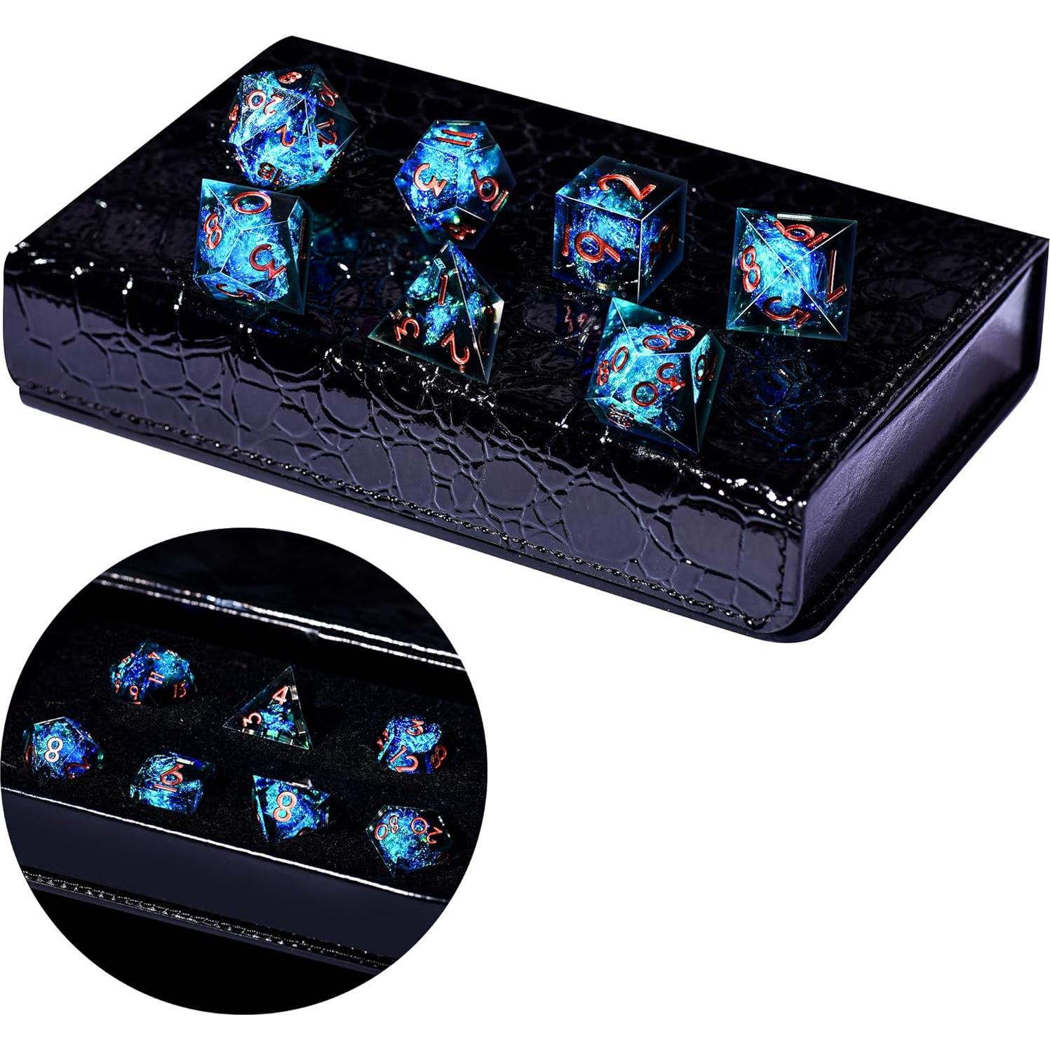 Juego de Dados DND AUSTOR 7 Caras Poliedricos Negro y Azul