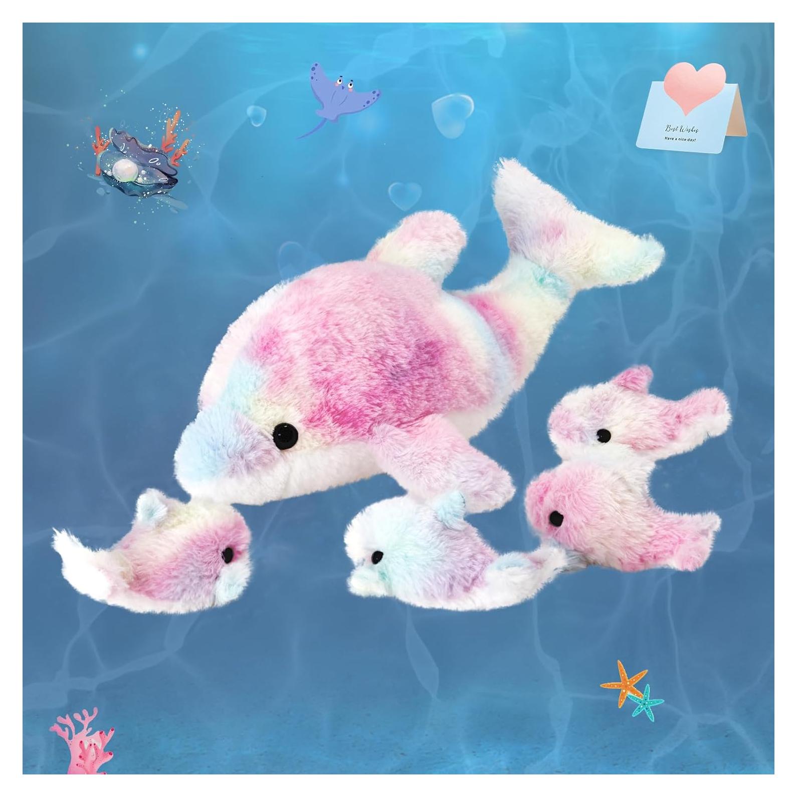 WEWILL Juguete de Peluche Delfín Arcoíris 43 cm con 4 Bebés