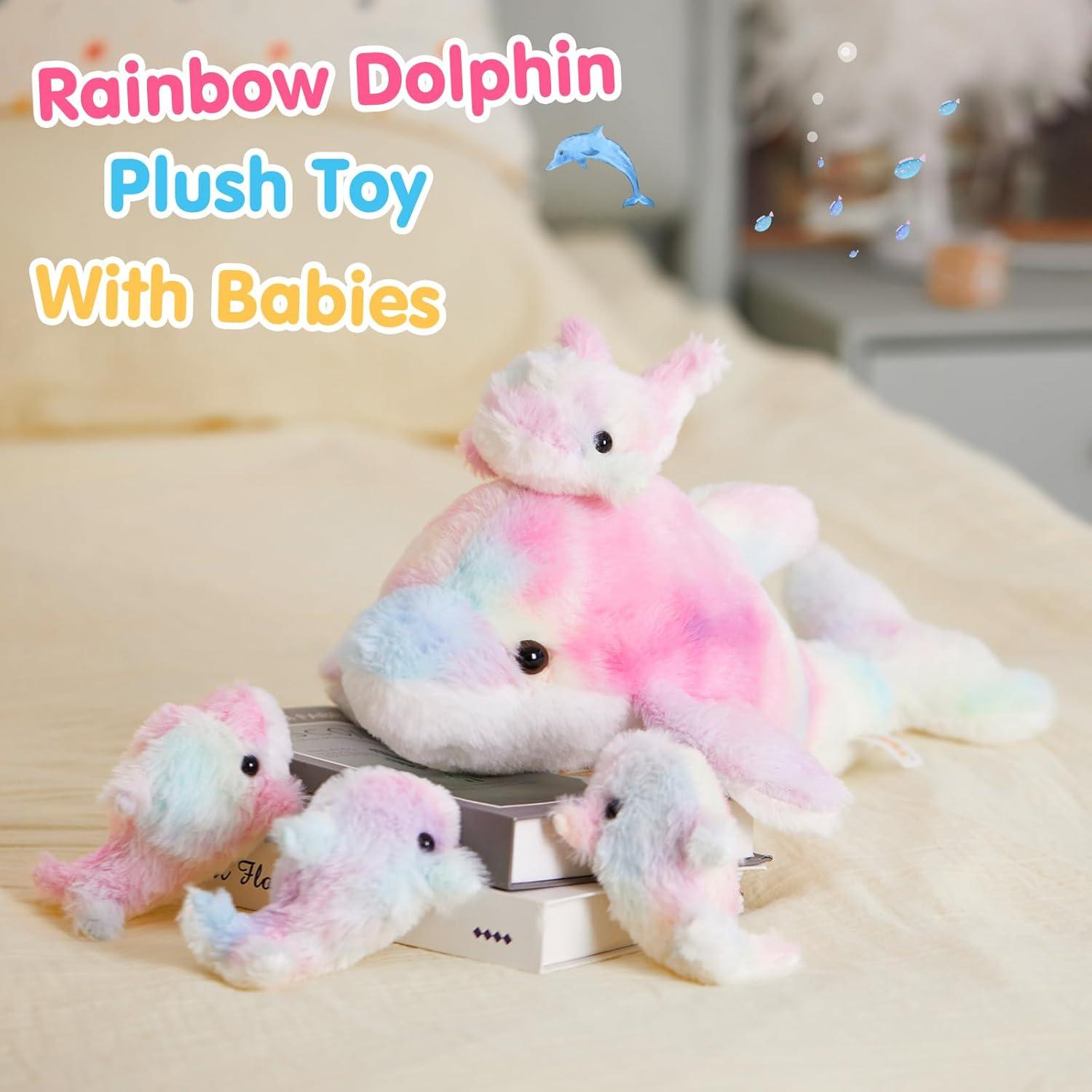 WEWILL Juguete de Peluche Delfín Arcoíris 43 cm con 4 Bebés