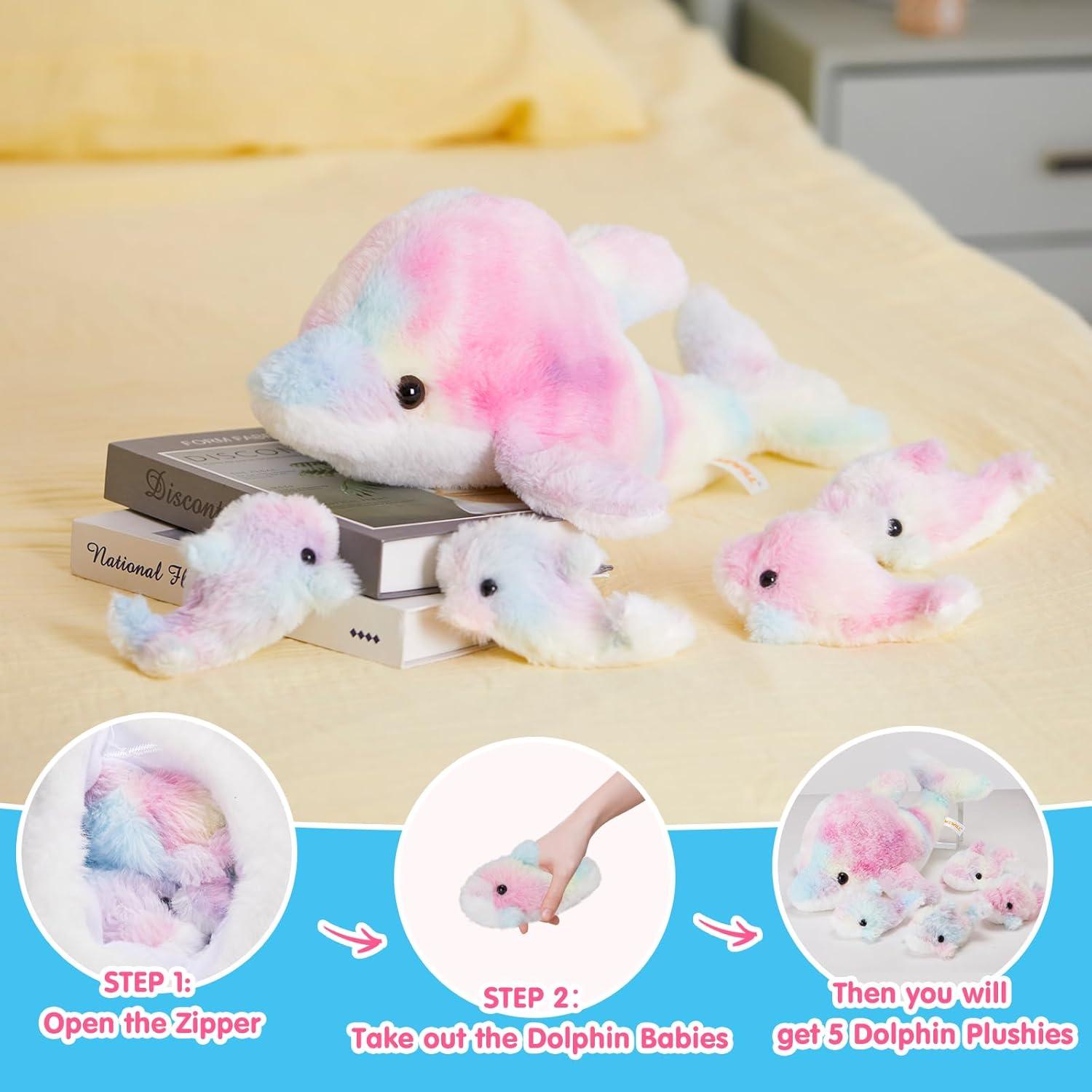 WEWILL Juguete de Peluche Delfín Arcoíris 43 cm con 4 Bebés