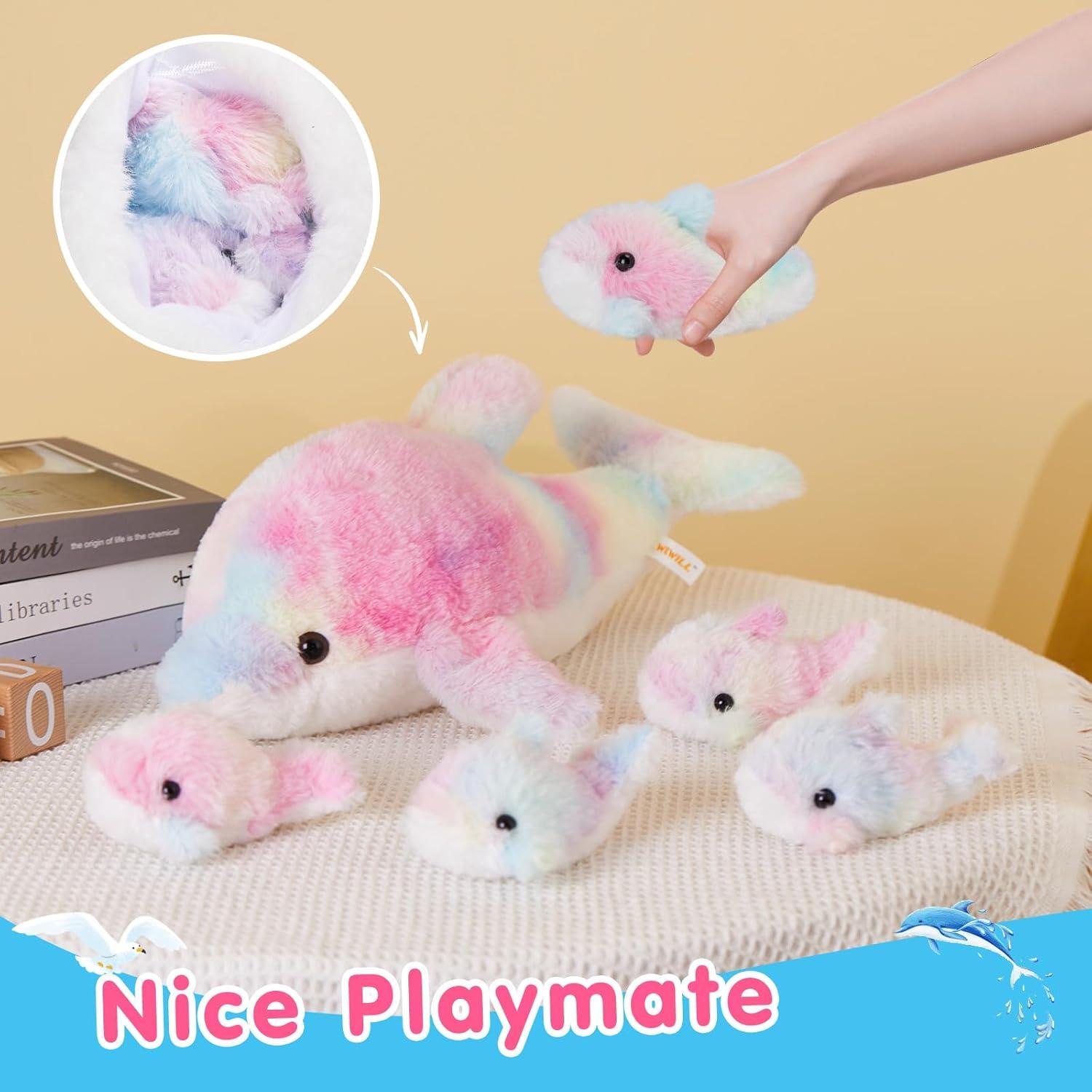 WEWILL Juguete de Peluche Delfín Arcoíris 43 cm con 4 Bebés
