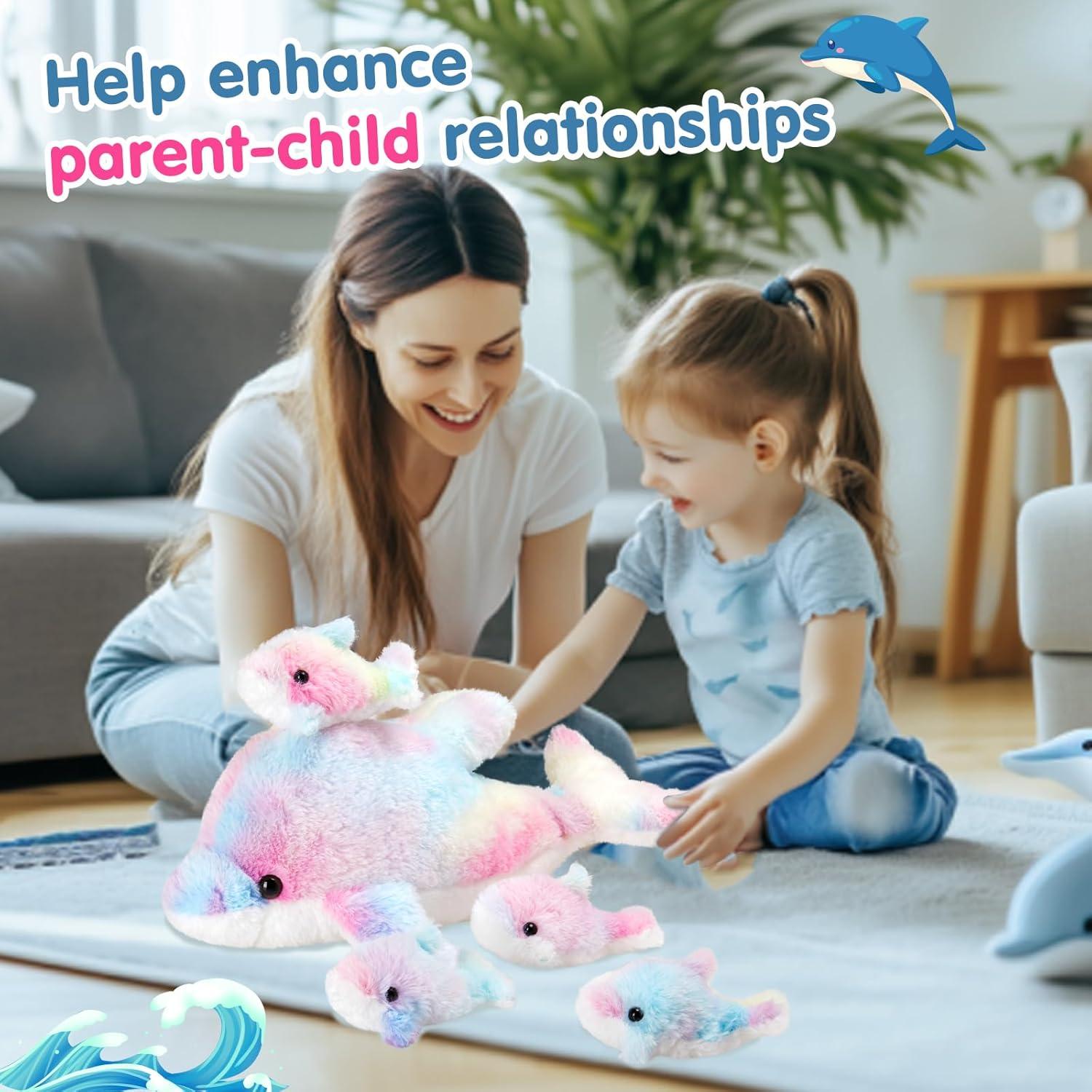 WEWILL Juguete de Peluche Delfín Arcoíris 43 cm con 4 Bebés