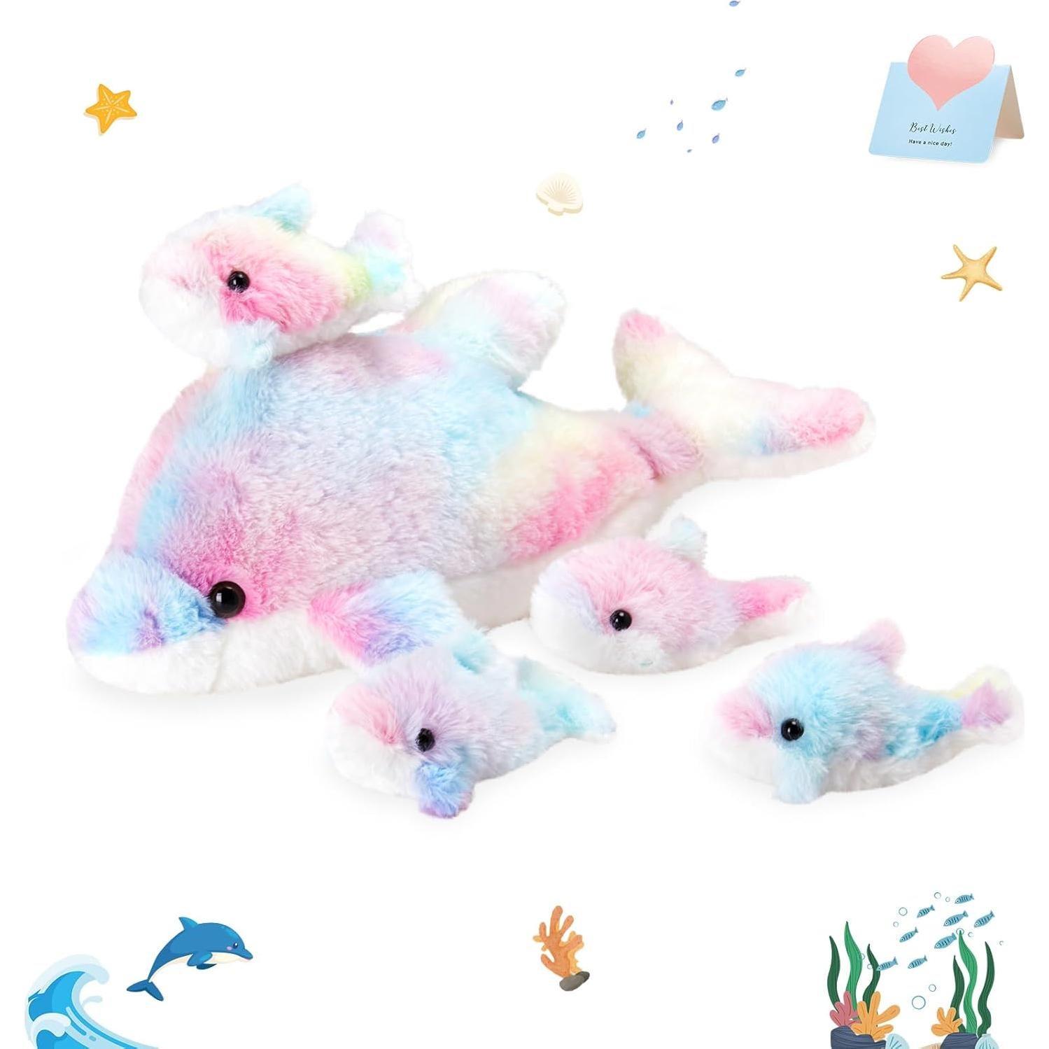 WEWILL Juguete de Peluche Delfín Arcoíris 43 cm con 4 Bebés