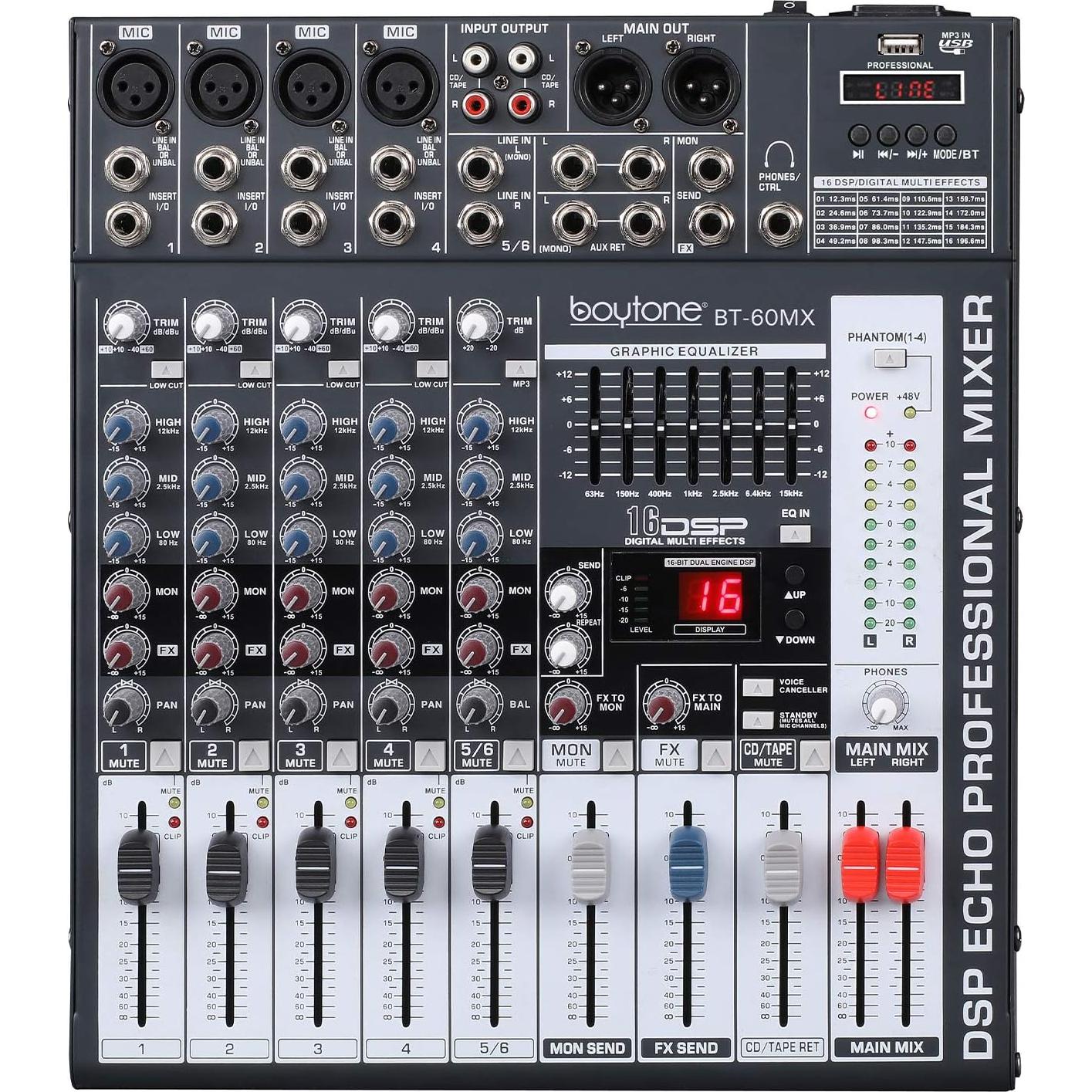 Mezclador de Audio Boytone BT-60MX 6 Canales Bluetooth