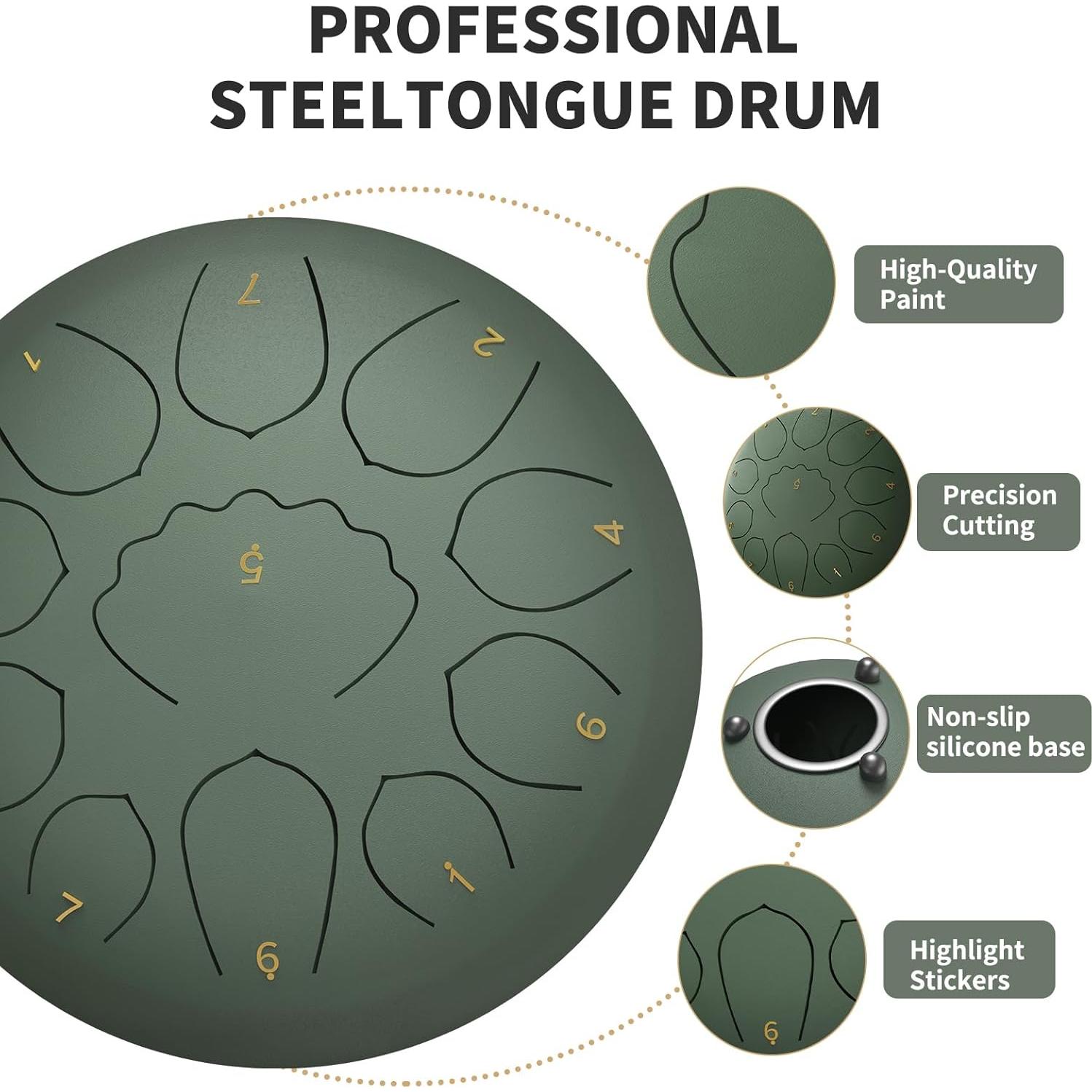 Tambor de Lengua de Acero 20 cm MENGBEI 11 Notas Verde